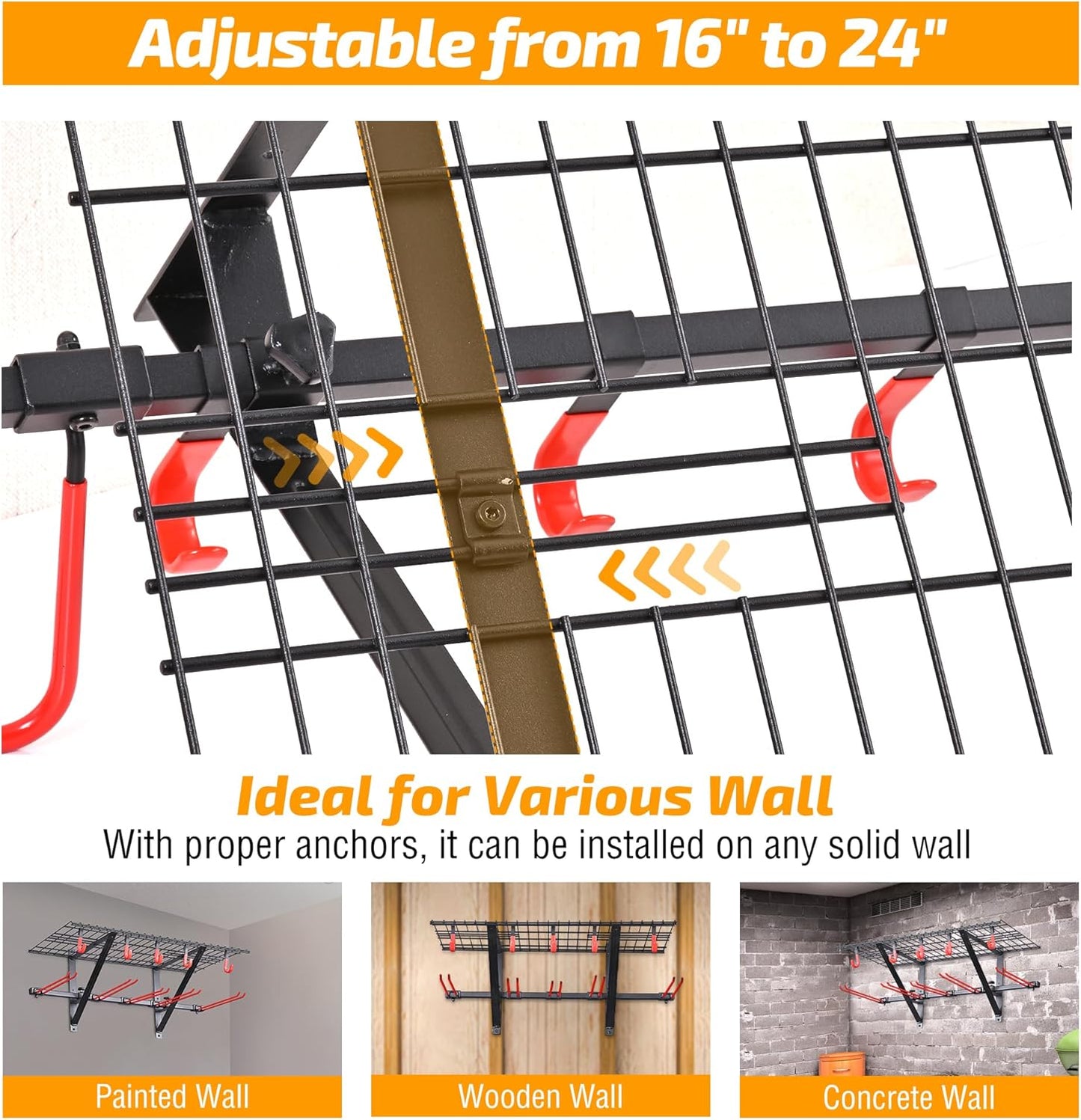 PLKOW Wall-Mounted Ski Rack, Skis Storage Rack for Garage Shed with Top Storage Shelf, Customizable Spacing, Supports Up to 280 lbs, Steel