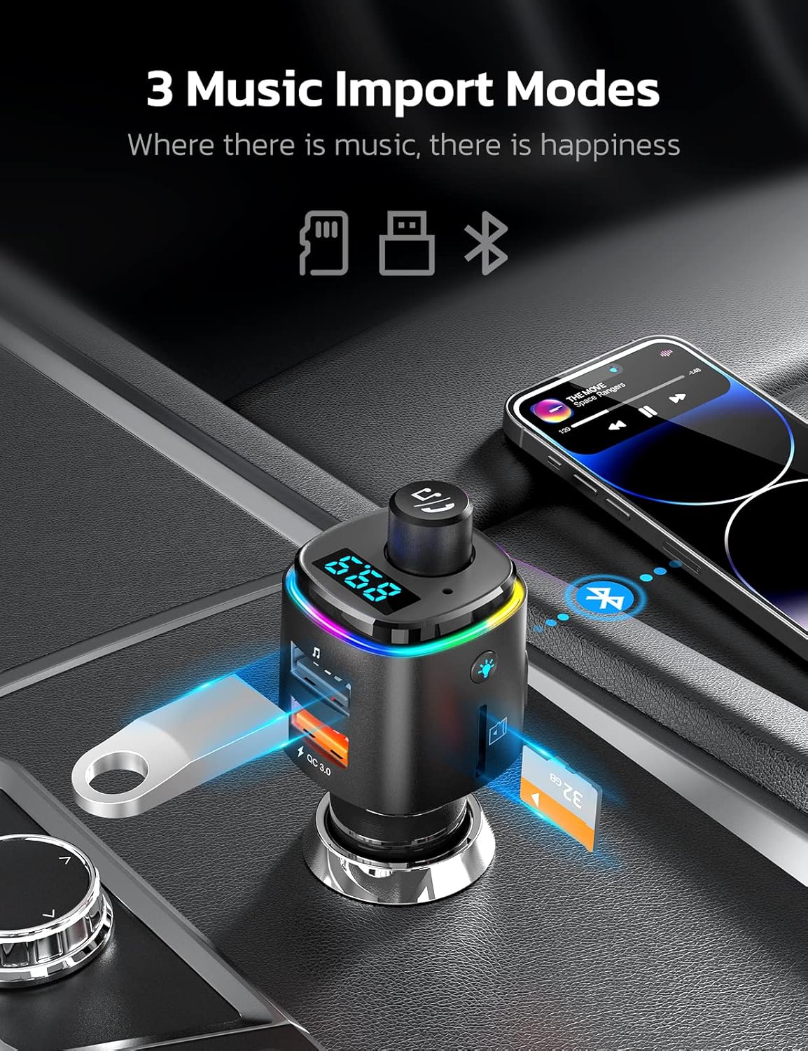 Nulaxy Bluetooth FM Transmitter, QC3.0 Fast Charge Bluetooth Car Adapter, Wireless Radio Car Kit with 7 Color LED Backlit, USB Flash Drive, microSD Card, Glossy Black