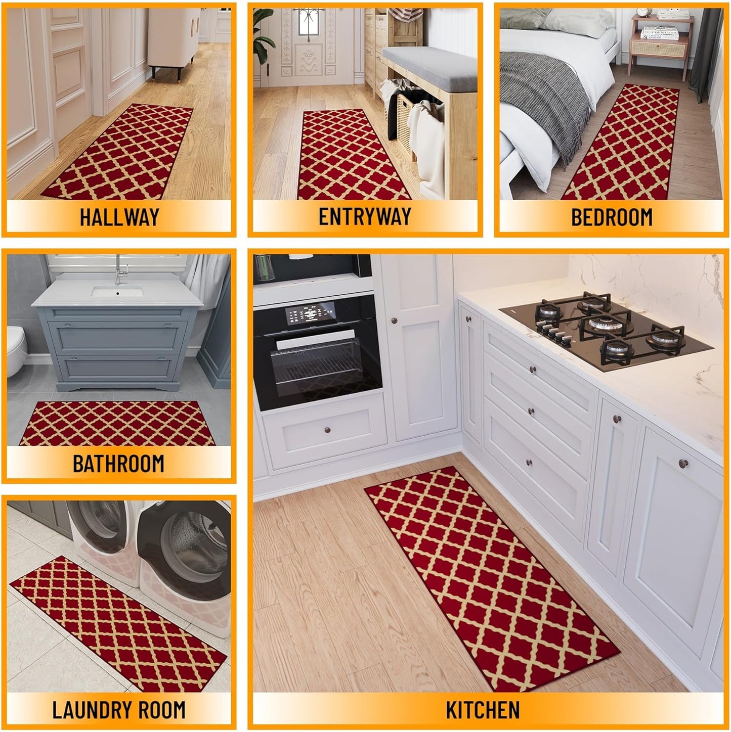 Ottomanson Hallway Runner Rug 20" x 59" Non Slip Trellis Area Rugs Easy to Clean Laundry Rug Runner Durable & Pet Friendly Floor Carpet Runners for Hallways Entryway Living Room Kitchen Bathroom, Red