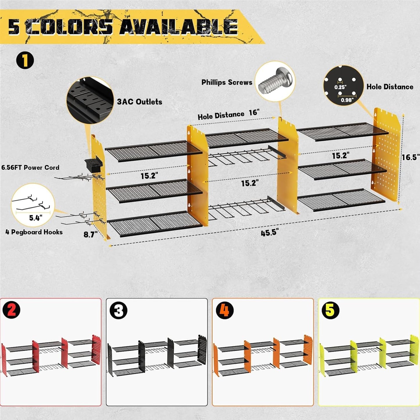 Power Tool Organizer with Charging Station Wall Mount, 3 Layer Expanded Heavy Duty Garage Organization, 45.5 Inch Length Garage Tool Storage, 8 Drills, 2 Assemble Method, Yellow