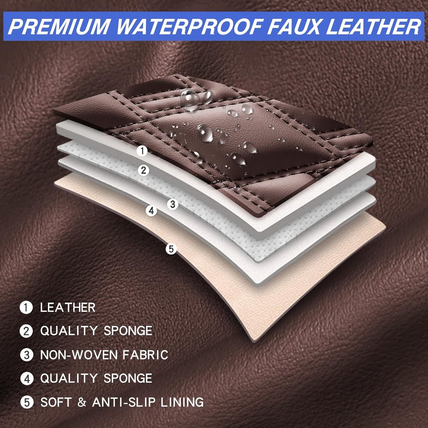 Car Seat Covers Full Set, Leather Seat Covers for Cars, Car Seat Protector Waterproof, Non-Slip Car Interior Covers Fit for Most Cars, SUV, Vans, Trucks,2Seaters,Full Set,Brown