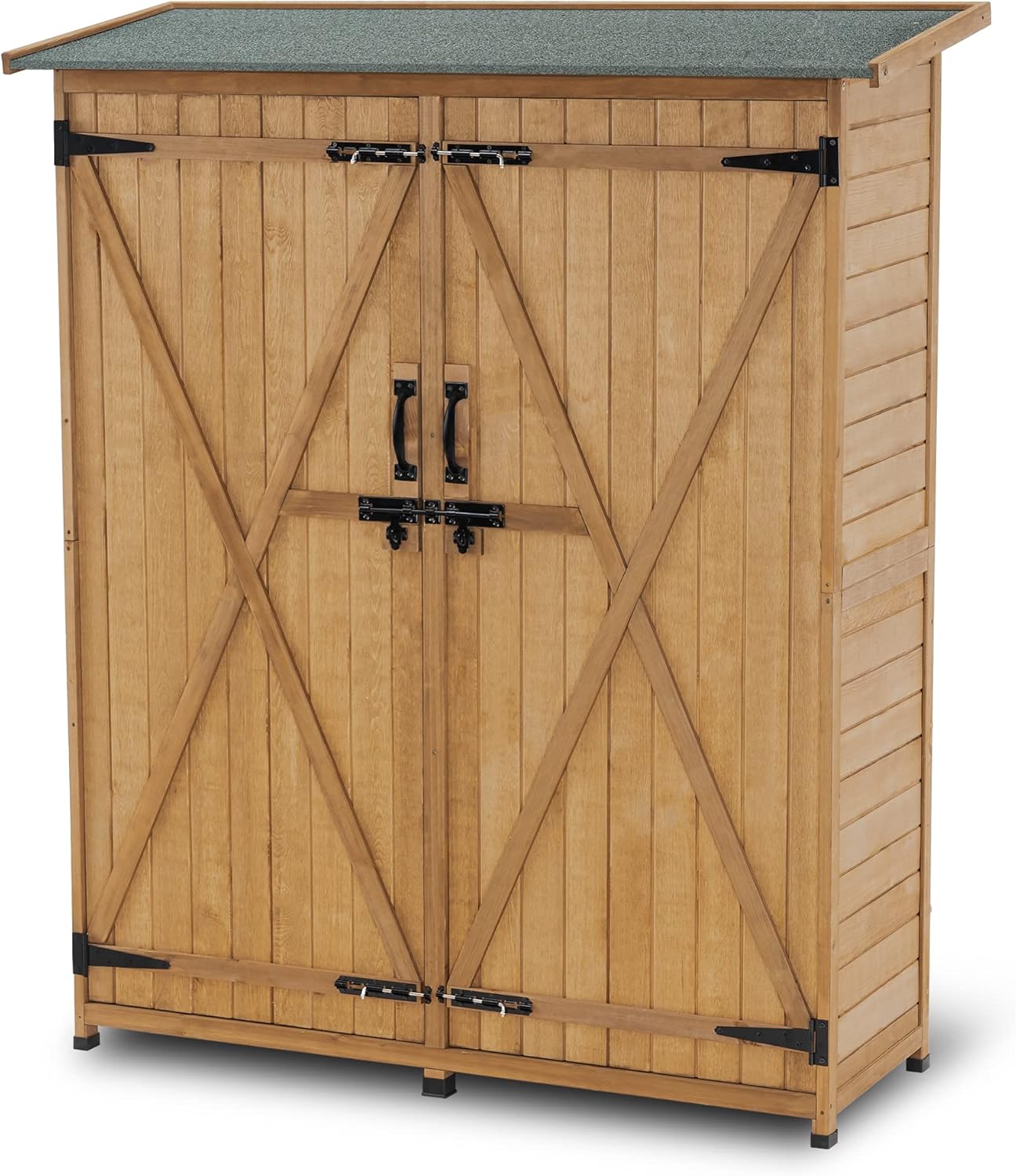 MCombo Outdoor Storage Cabinet with Shelves, Wood Garden Shed with Floor, Outside Tool Shed with 2 Lockable Doors for Yard Patio Lawn, 1400 (Natural)