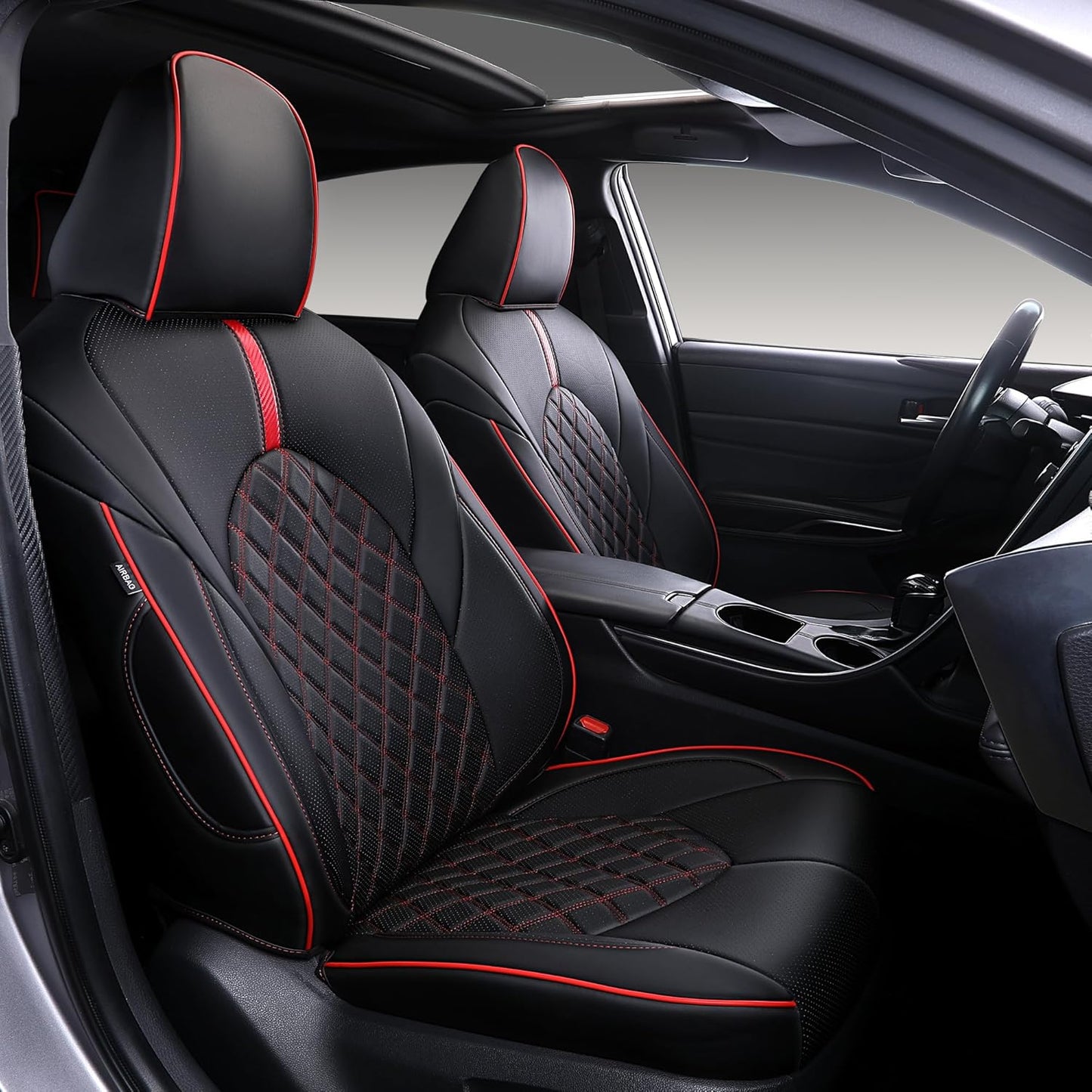 Custom Fit Camry Seat Covers for Toyota Camry Hybrid LE, Hybrid SE 2018-2024 Full Coverage Waterproof Breathable Leather Car Seat Covers Full Set (Black with Red Trim)