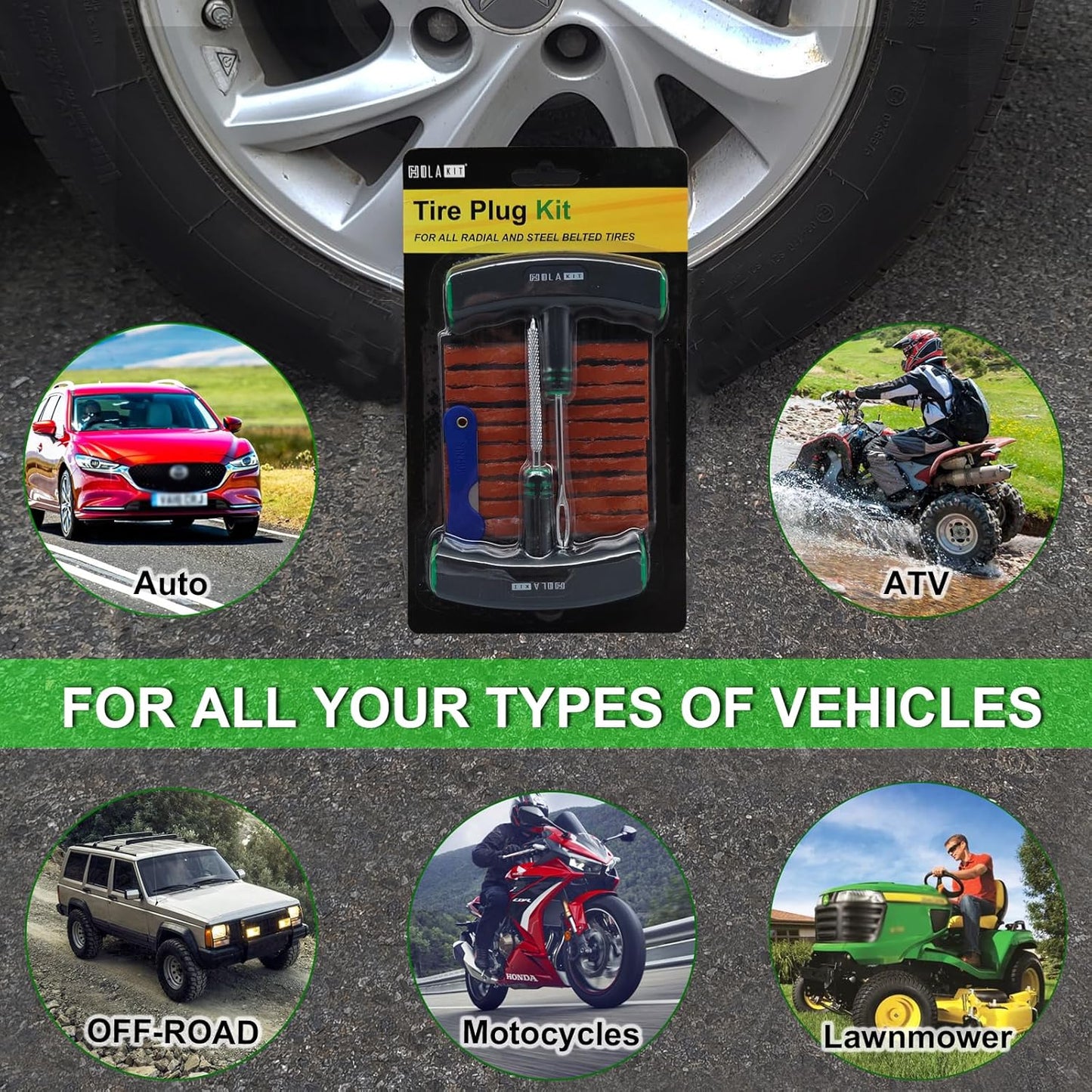 HolaKit Tire Plug Kit, 13PCS Tire Repair Kit with Self-Vulcanizing Plugs, Ergonomic Oversized & Rubber-Grip T-Handle Tools, Flat Tire Puncture Repair Tools for Cars, Motorcycle, ATV, SUV, etc