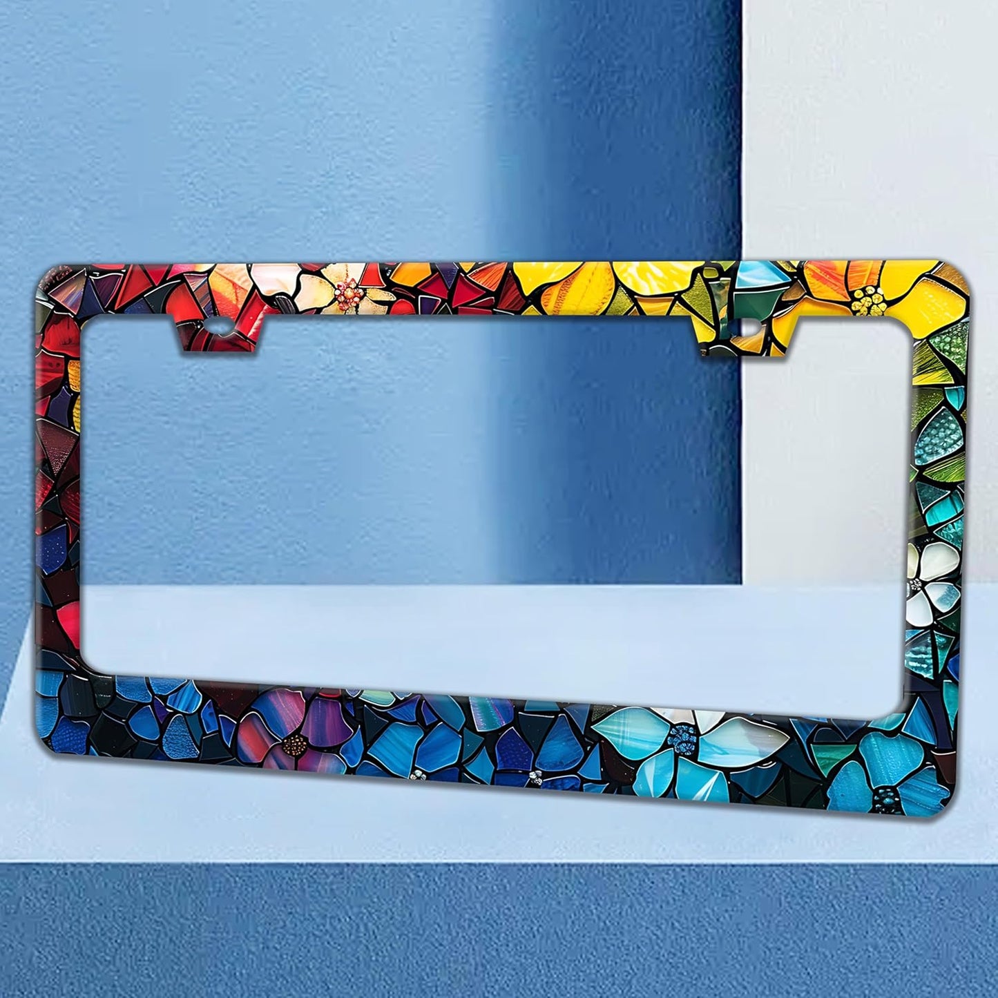 Marble Flowers License Plate Frame Colorful Floral Pattern License Plate Holders Funny Stainless Steel Auto Accessory Bracket 2 Hole with Screws Universal Us Car License Plate Frames 6x12 Inch