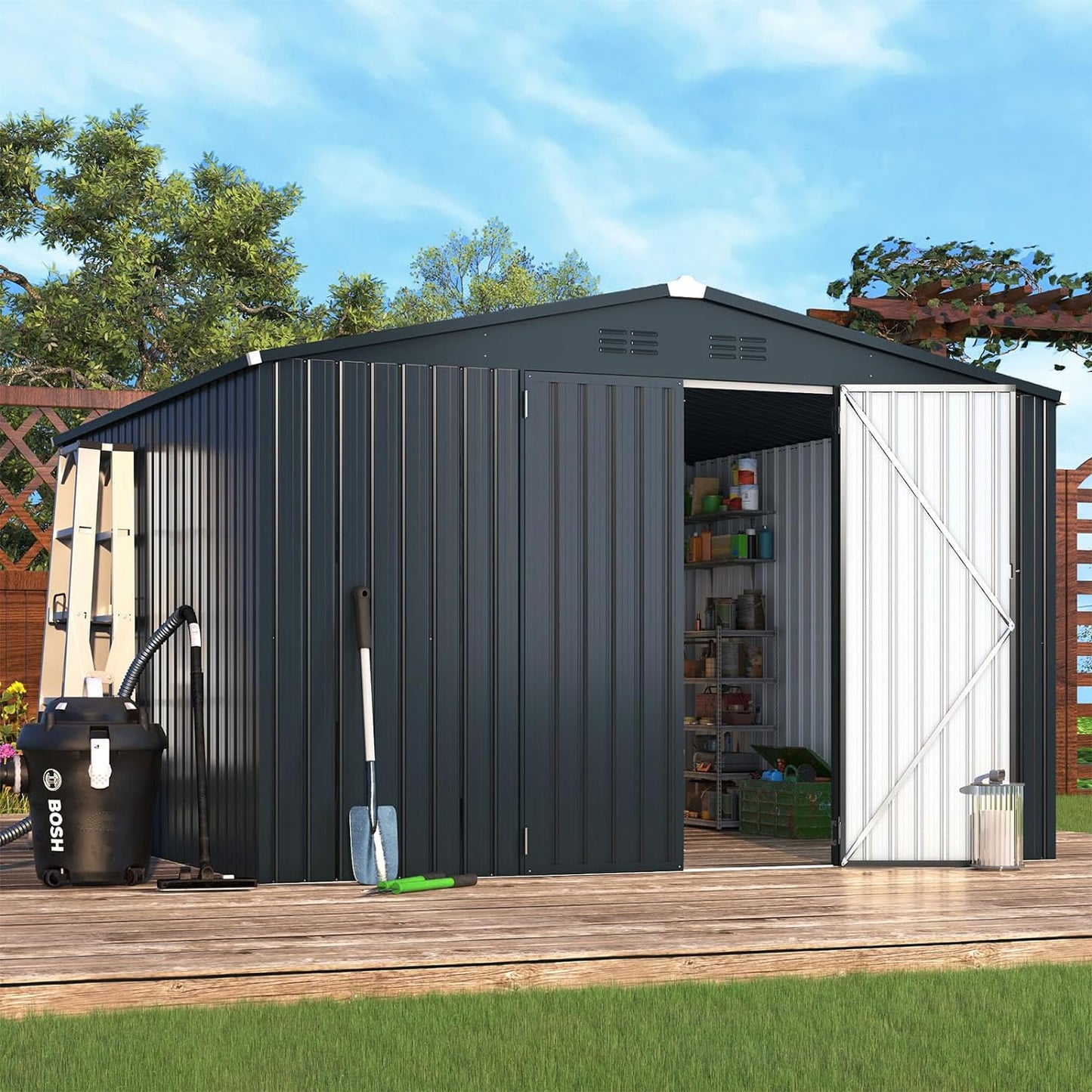 AECOJOY Shed 10'x10' Storage Shed, Large Metal Storage Sheds & Outdoor Clearance, Steel Backyard Shed with Lockable Doors, Utility and Tool Storage for Garden, Patio, Outside Use in Dark Grey