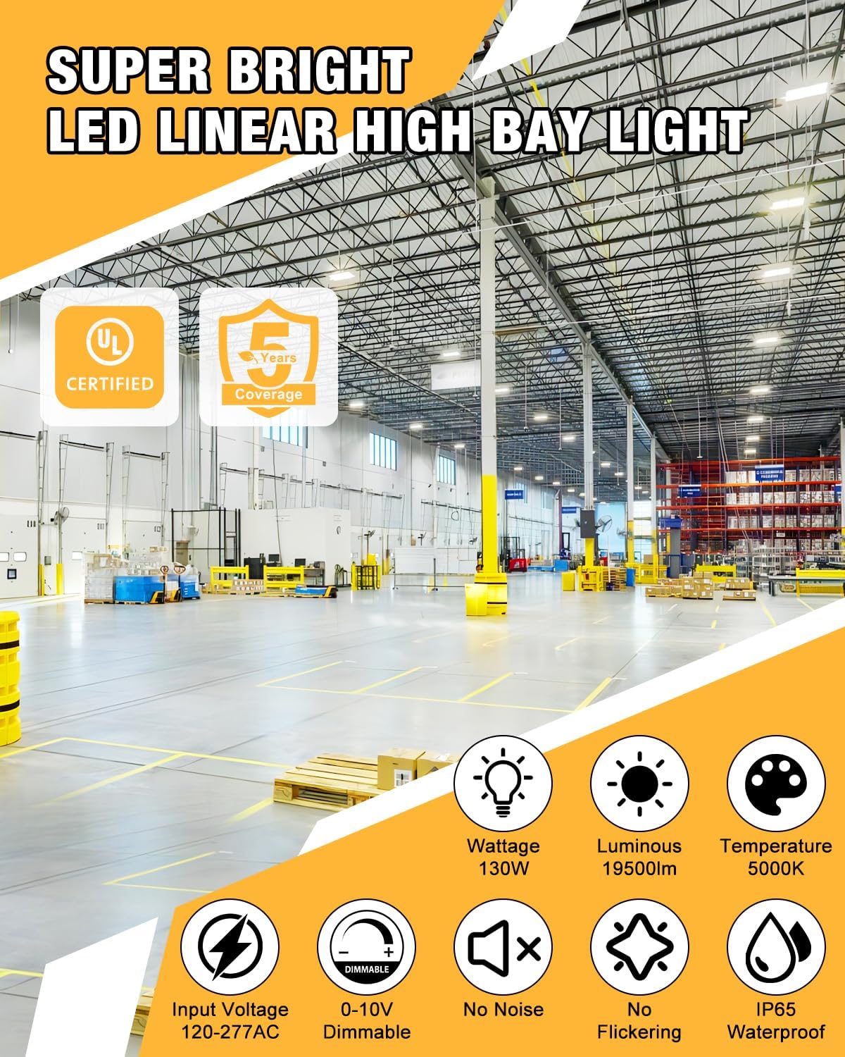 LED Linear High Bay Light, 130W 19500LM High Bay LED Shop Lights, 120-277V, 5000K, 0-10V Dimmable LED Shop Light, Linear High Bay Light for Warehouse Workshops, UL Complied.
