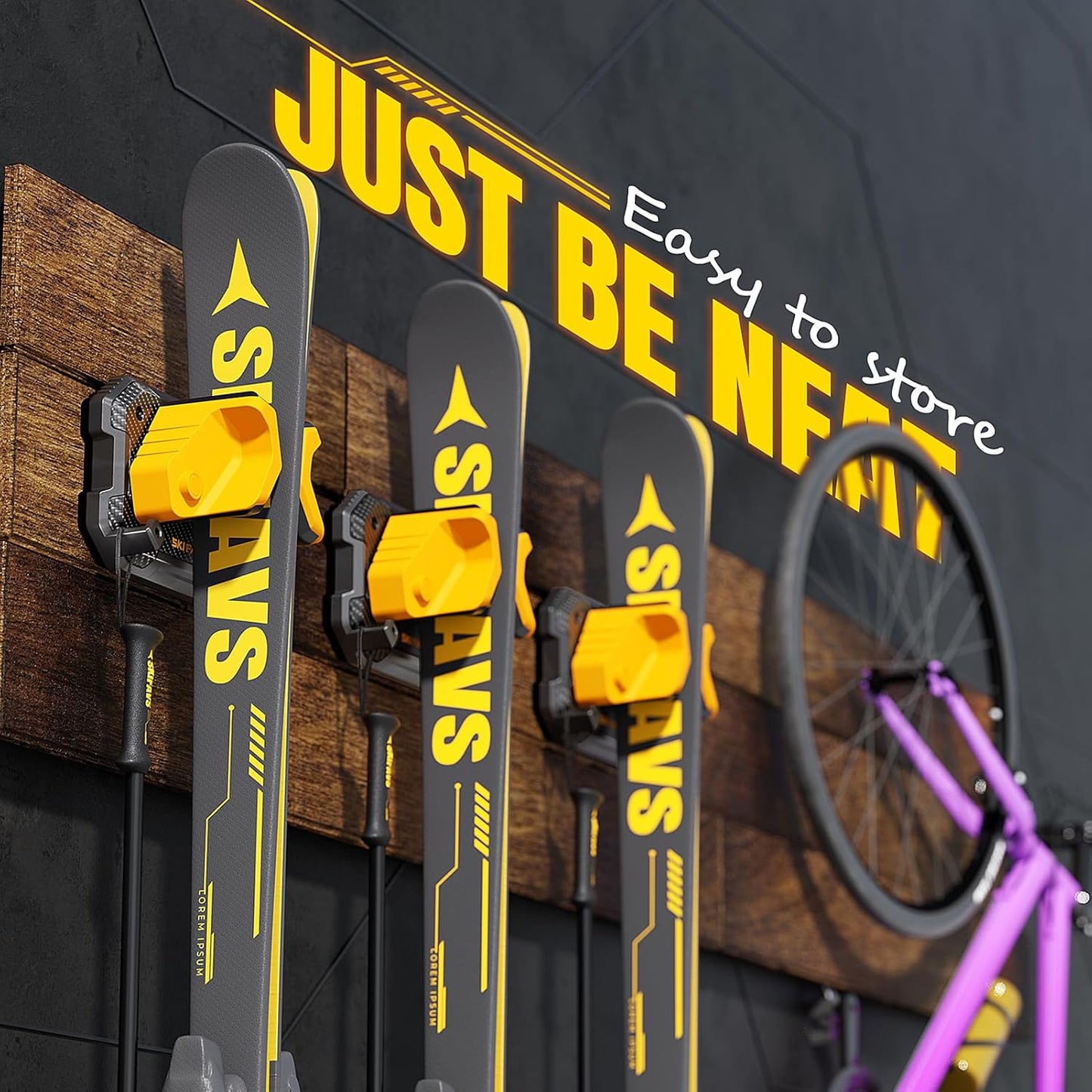 Wall Rack for Garage - Ski & Snowboard Holder, Damage-Free Storage, Yellow, 2 Pack