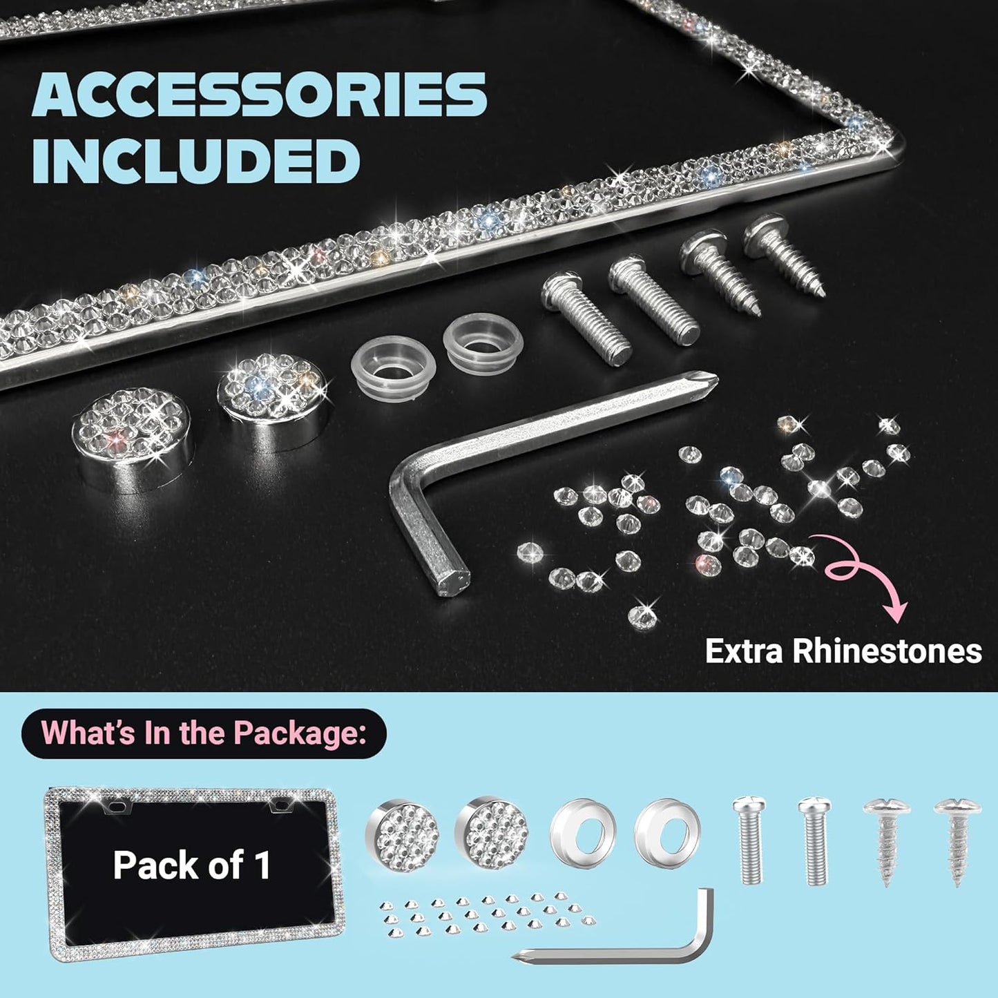 Dazzling Bling License Plate Frame for Women - 1 Pack, 800 Premium Rhinestones, Rust-Free Stainless Steel, Street Legal Slim Design, Sparkly Diamond Car Tag Holder with Glitter Crystal Screw Covers