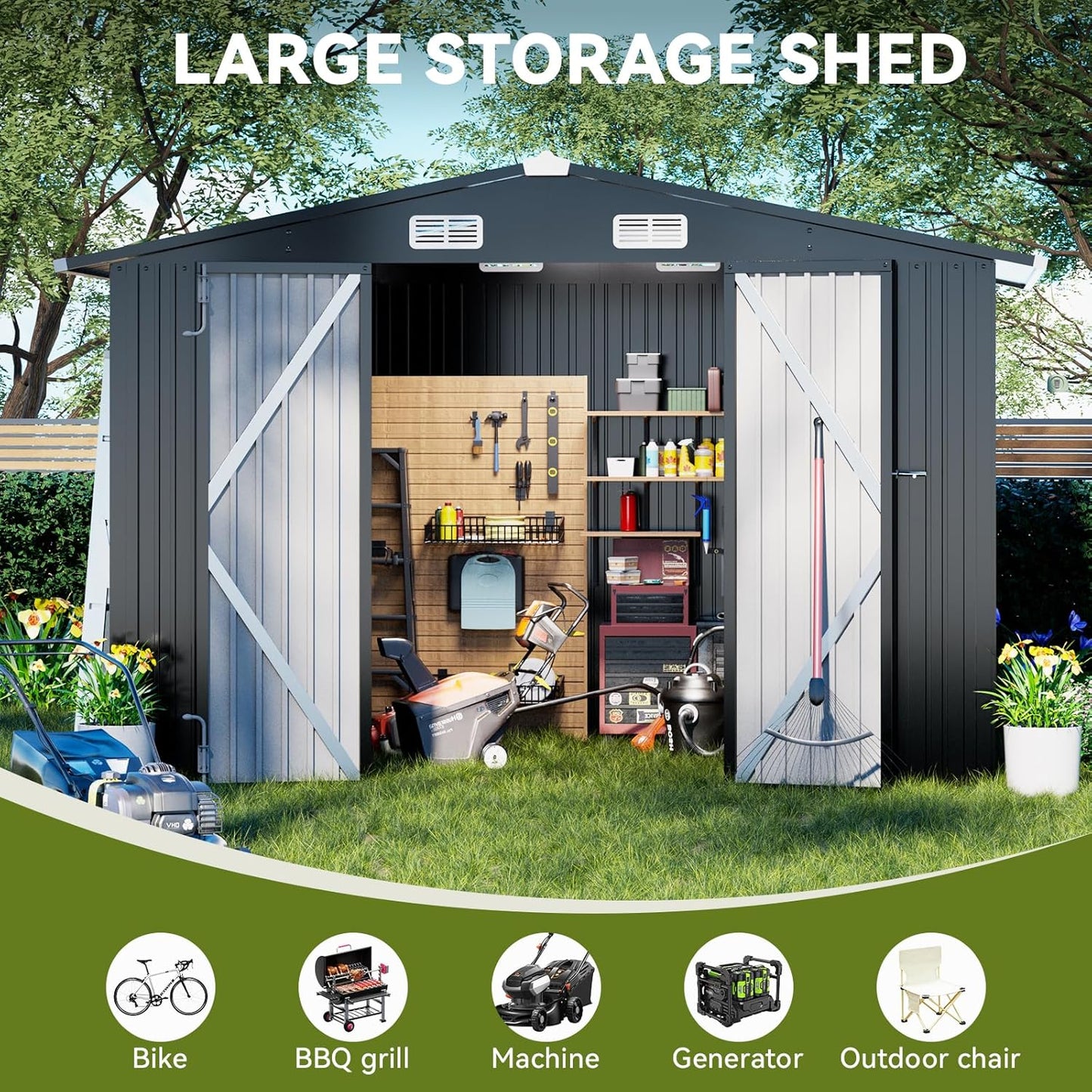 COMHOMA Shed Outdoor Storage Shed Metal,Lockable Doors Tool Sheds with Sloping Roof,Steel Garden Shed with Air Vent for Backyard,Patio,Lawn,Poolside (Grey, 10'*8')