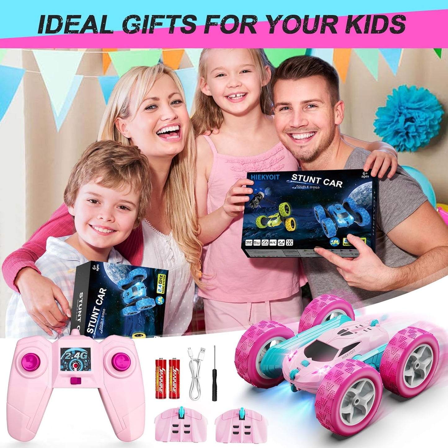 Remote Control Car, Pink RC Cars for Girls, 2.4 GHZ Double Sided RC Stunt Car 360° Rotating Remote Control Crawler with Headlights Cars Toys for 6 7 8 9 10 11 12 Girls Birthday