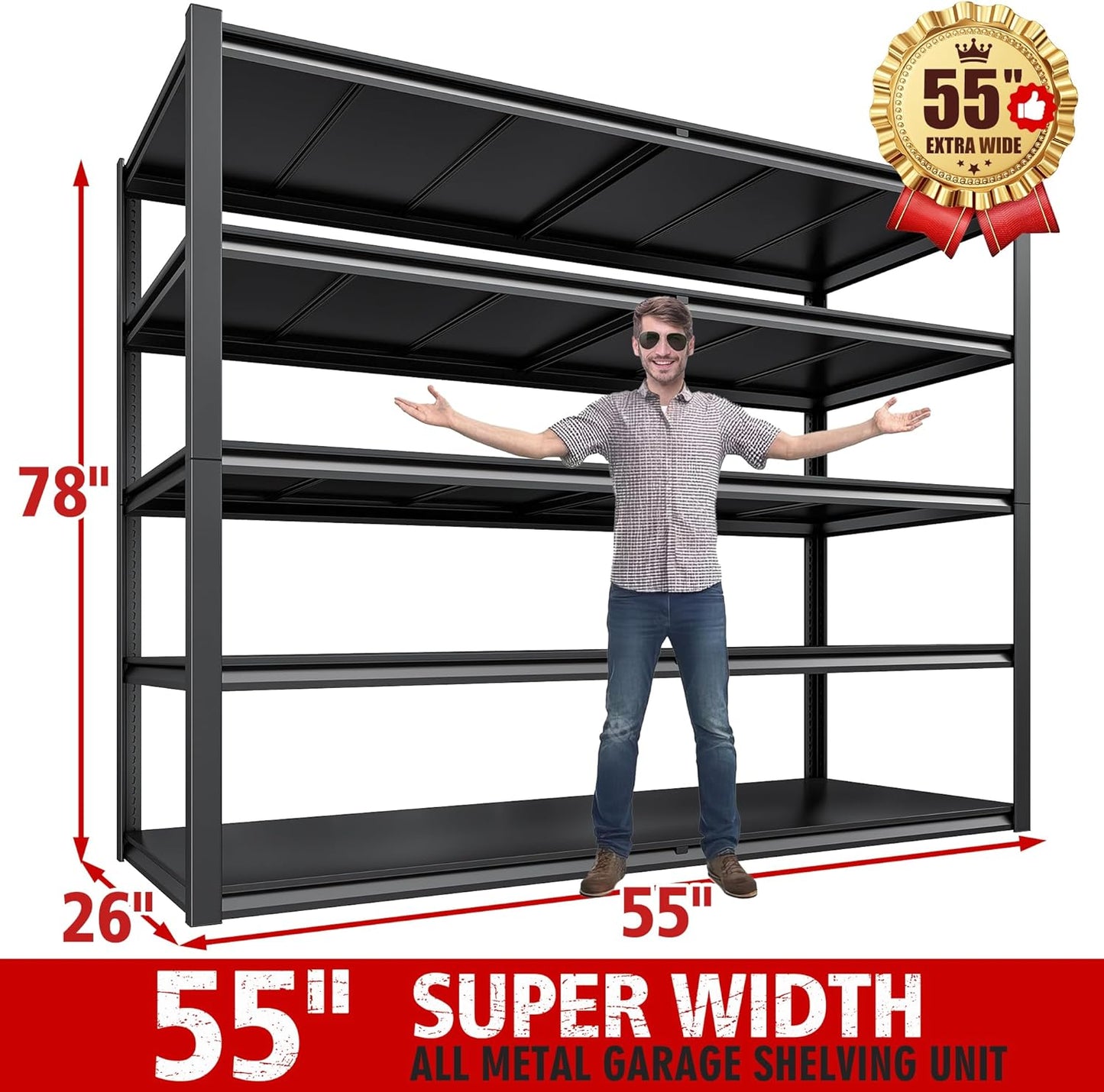REIBII 78" H Garage Shelving, Storage Shelves Heavy Duty Load 3000LBS, Adjustable Heavy Duty Shelving, 5 Tier Metal Shelving Unit for Storage Rack, Basement, 55" W x 26" D x 78" H, Black
