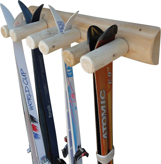 6-Place Log Ski Rack Wall Mount, Indoor Ski Storage Rack for Garage Organizers, Wooden Skis Wall Mount Storage Racks, Pole Skis Sports Racks, Garage Organization Walls - Unfinished