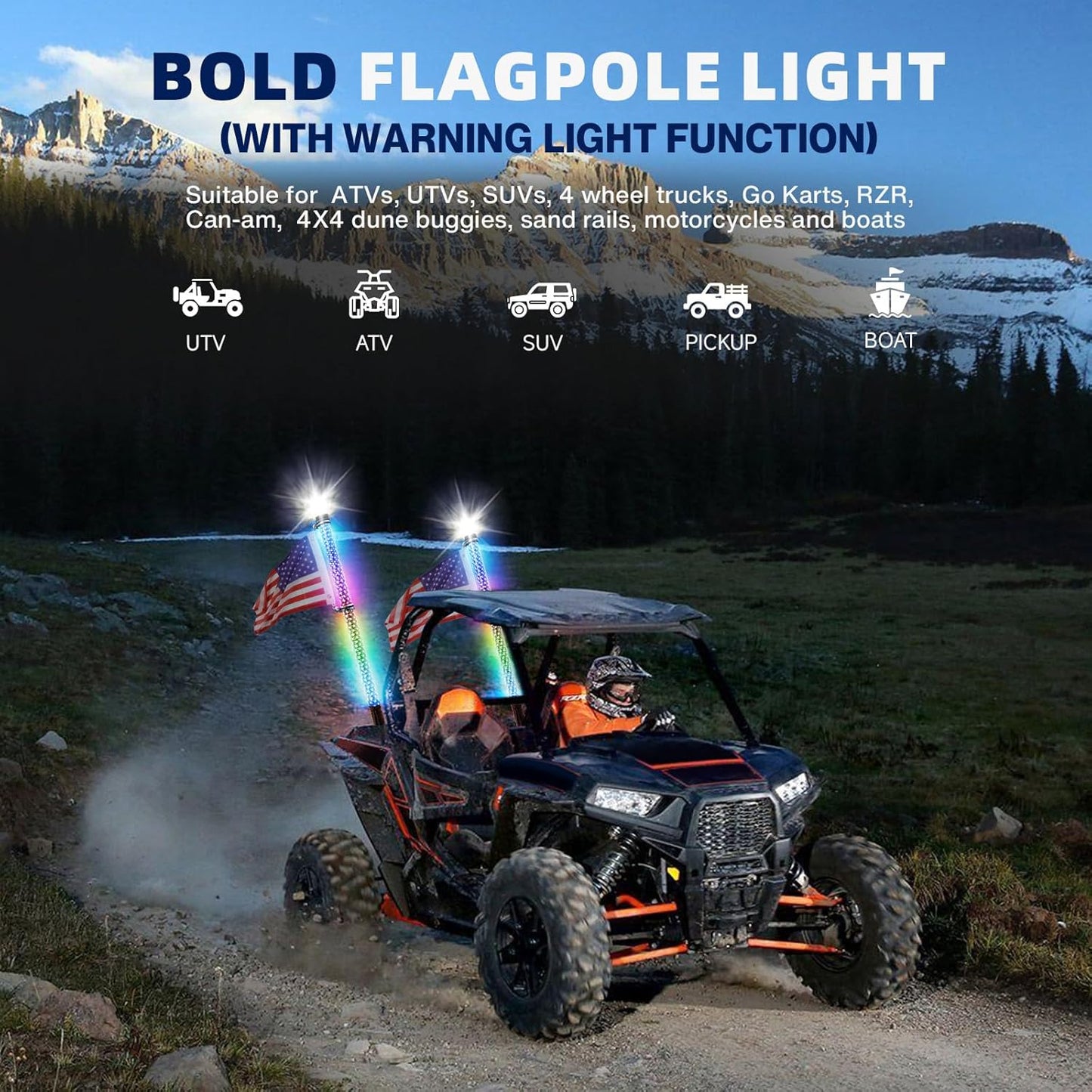 2Pack 2FT Fat Whip Lights,LED Whip Lights with Strobe Light Spiral RGB Chasing Lighted Antenna Whips W/App & Remote Control Music Whip Light for UTV ATV RZR Polaris SXS Can-Am X3 Off-Road Truck