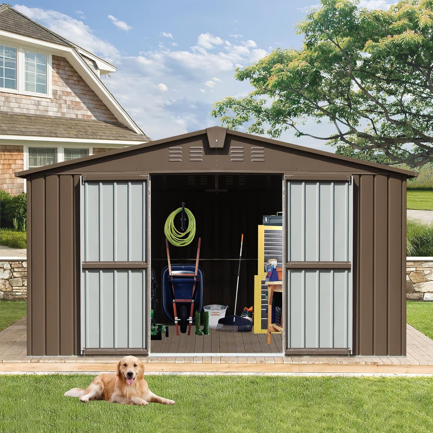 IKERY Extra Large Galvanized Steel Storage Shed 11' x 12.5' with Windows & Lock - Garden & Utility Tool Shed for Backyard, Patio - Brown
