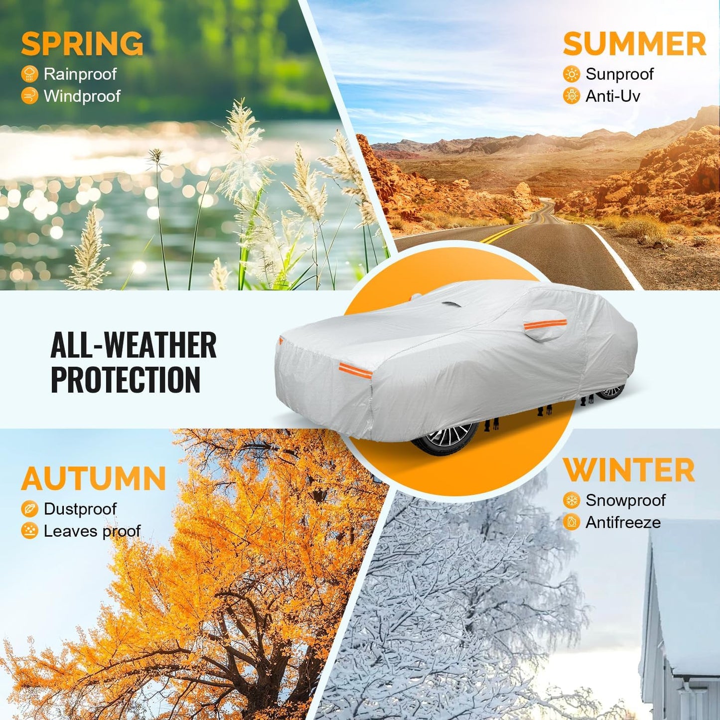 30 Layers Car Cover for Automobiles All Weather Waterproof, Outdoor Snowproof UV Protection Windproof, Door Zipper, Soft Cotton, Heavy Duty Universal Car Covers, (Silver, Fit Sedans 191"-200")