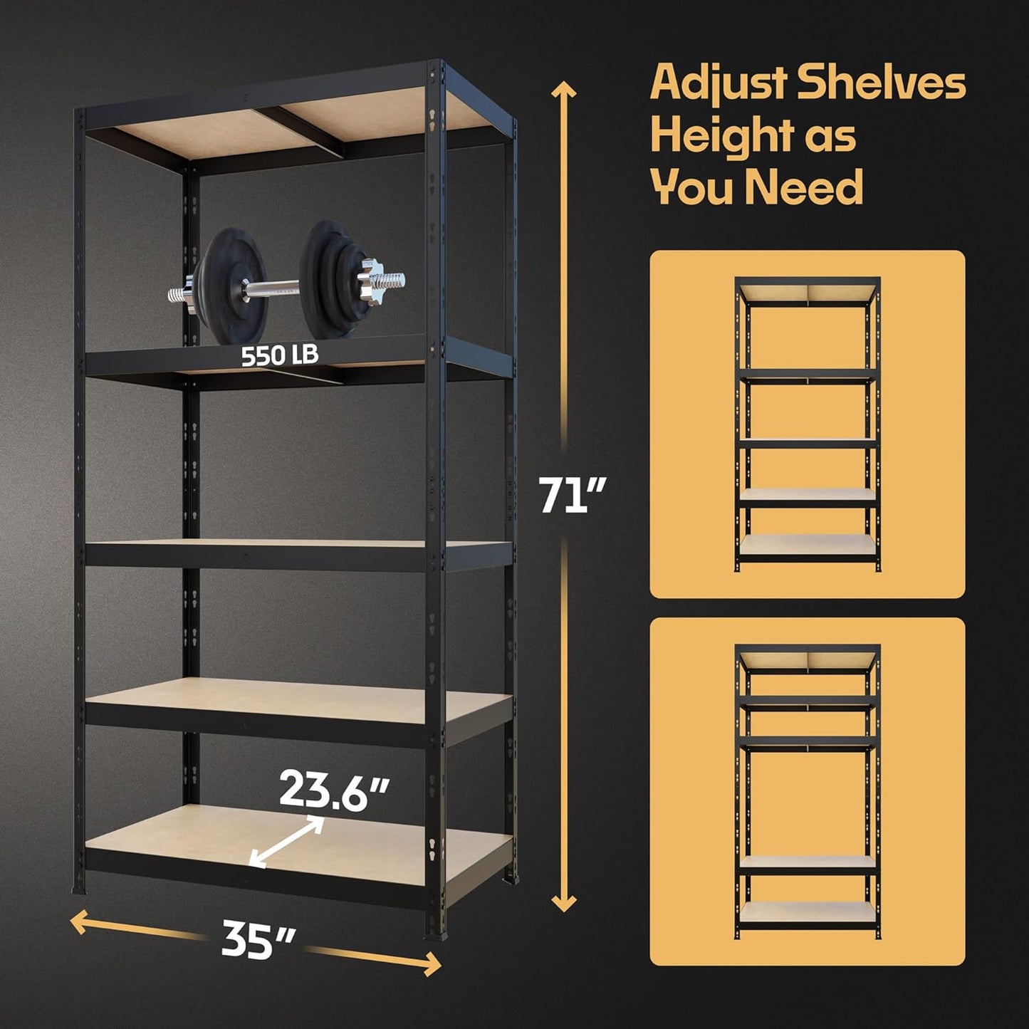 Storage Shelves: 5 Storage Shelves Heavy Duty w/ 2,750 lb Total Load Capacity, 550 per Storage Shelf, 71x35x24 | Perfect Solution for Your Storage Needs | Adjustable Shelving Unit