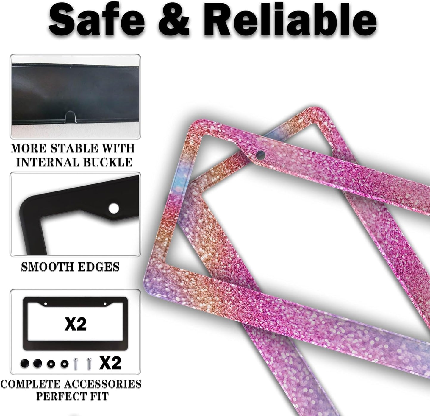 License Plate Frame Multicolor License Plate Holder Shining Rainbow Gradient Sparkle Glitter Women Aluminum Metal Car Accessory 2 Pack with Screw Covers Set