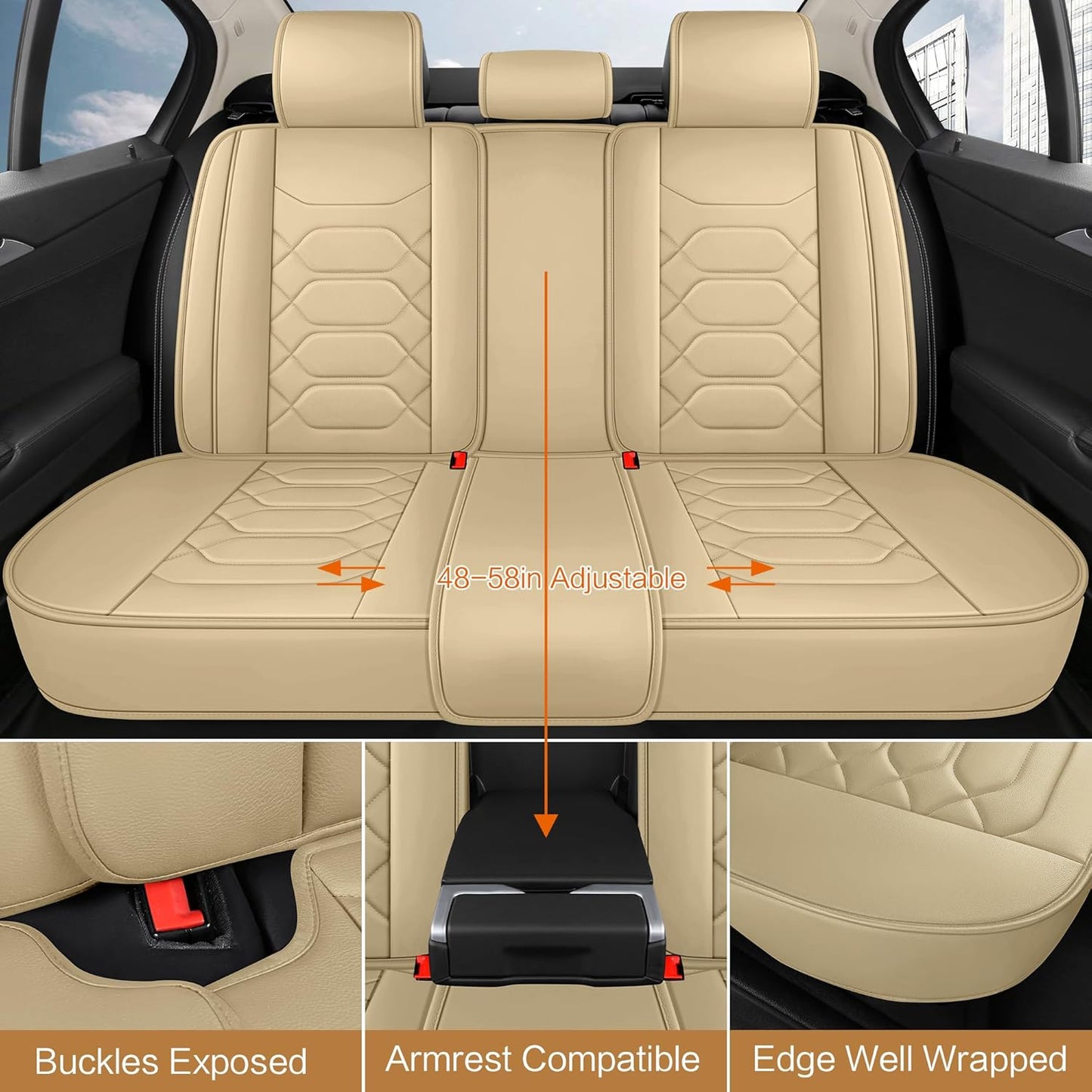 Pariitadin Leather Car Seat Covers Full Set, Waterproof Breathable Faux Leather Automotive Seat Covers for Cars, Non-Slip Car Interior Covers Universal Fit Most Cars Sedans Trucks SUVs, Beige