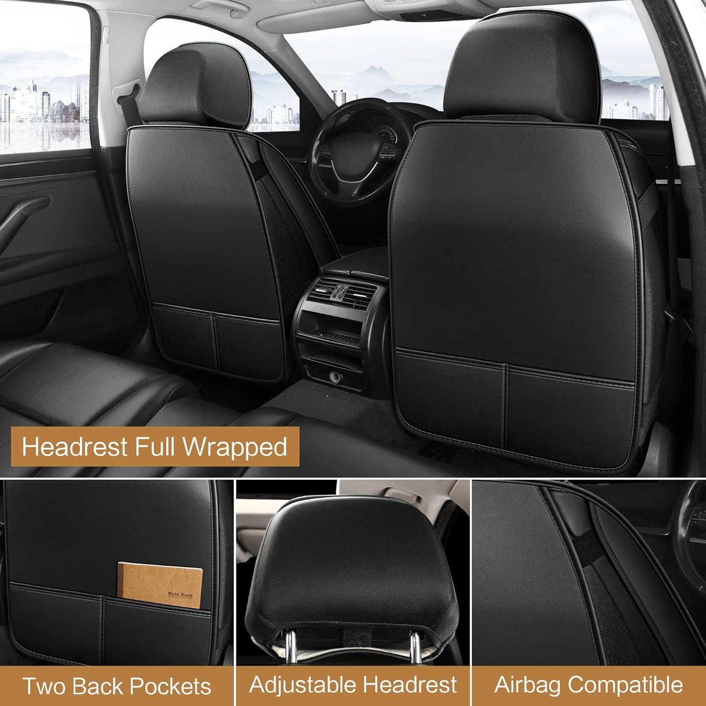 Pariitadin Leather Car Seat Covers Front Pair, Waterproof Breathable Faux Leather Automotive Seat Covers for Cars, Non-Slip Car Interior Covers Universal Fit Most Cars Sedans Trucks SUVs, Black