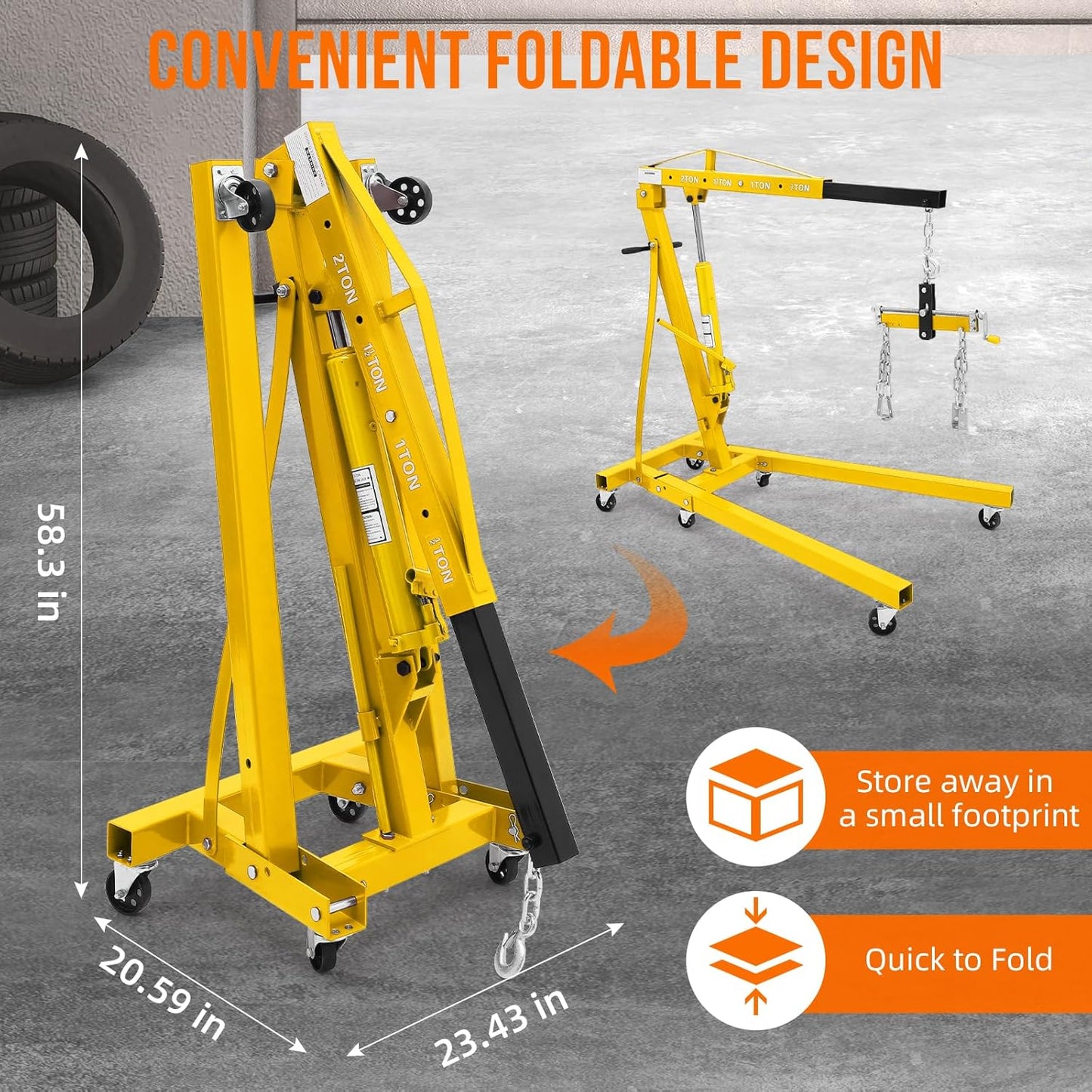 2 Ton Folding Engine Hoist with Lever, Cherry Picker Shop Crane Hoist Lift, 4400 Lbs Heavy Duty Steel Hydraulic Shop Engine Crane for Workshop and Garage, Yellow