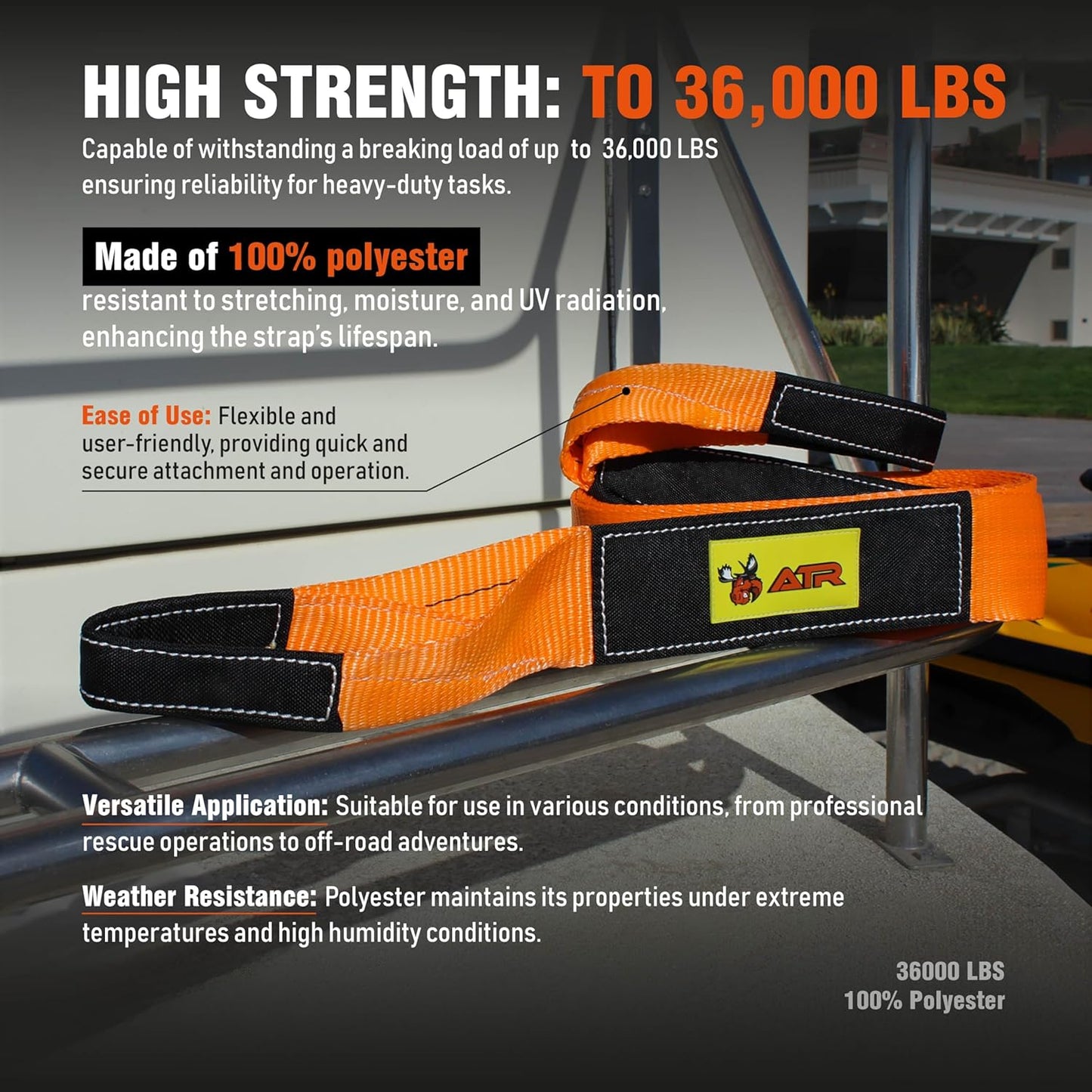 ATR Recovery Tow Strap 3.5" x 20ft – 36,000 lbs Break Strength, Heavy Duty Snatch Strap for Truck, SUV, UTV, Off-Road Pulling, Tow Rope with Storage Bag