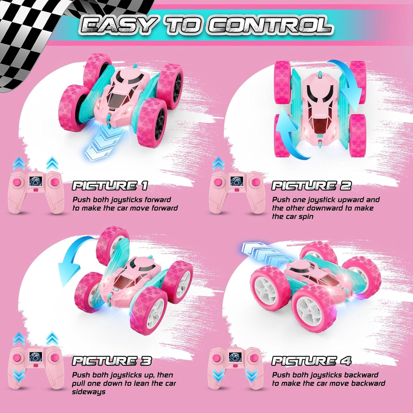 Pink Remote Control Car for Girls - RC Stunt Cars with 4WD Double-Sided Driving 360° Flips Rotating, Off Road Remote Car Outdoor Toys for Kids Age 6 7 8-12, Christmas Birthday Gifts