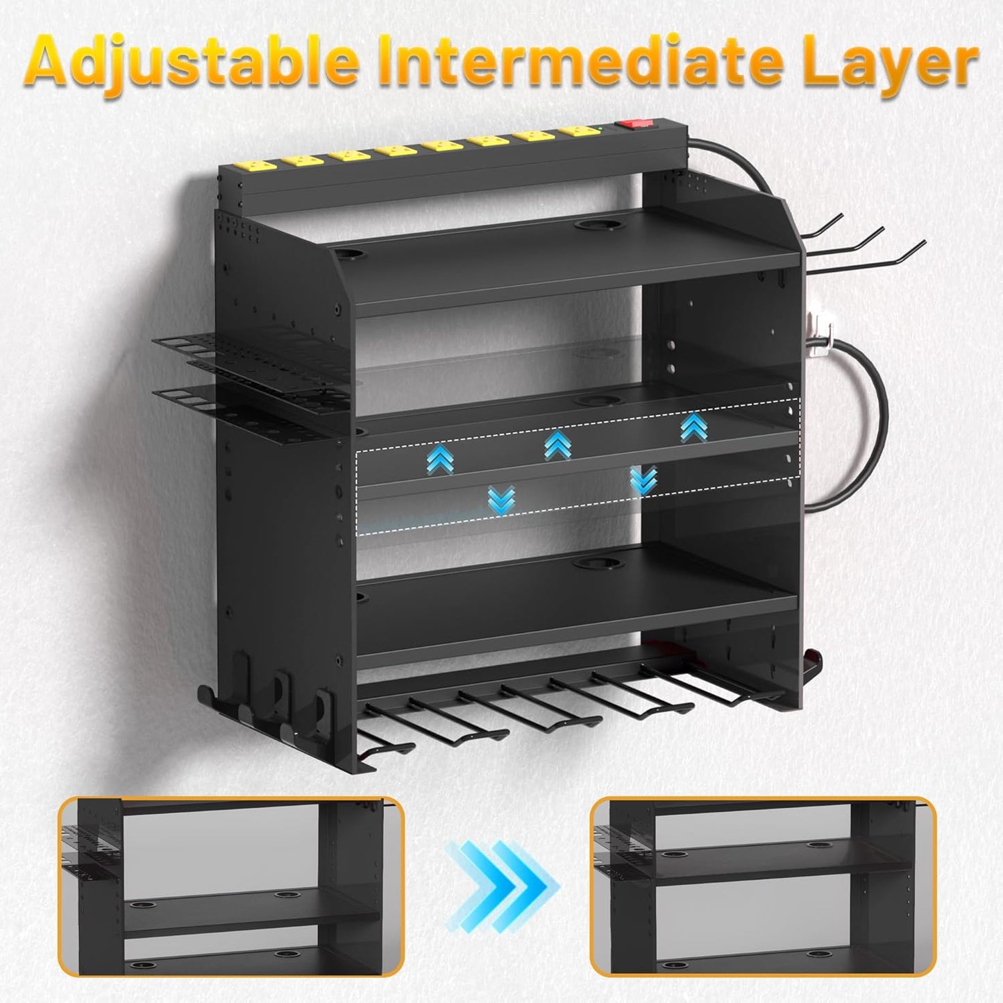 4-Layer Wall-Mounted Power Tool Organizer Rack,Heavy Duty Adjustable Shelves Organizer for Cordless Power Tool Batteries,Space-Saving Garage & Workshop Charging Station 8 Outlets Power Strip