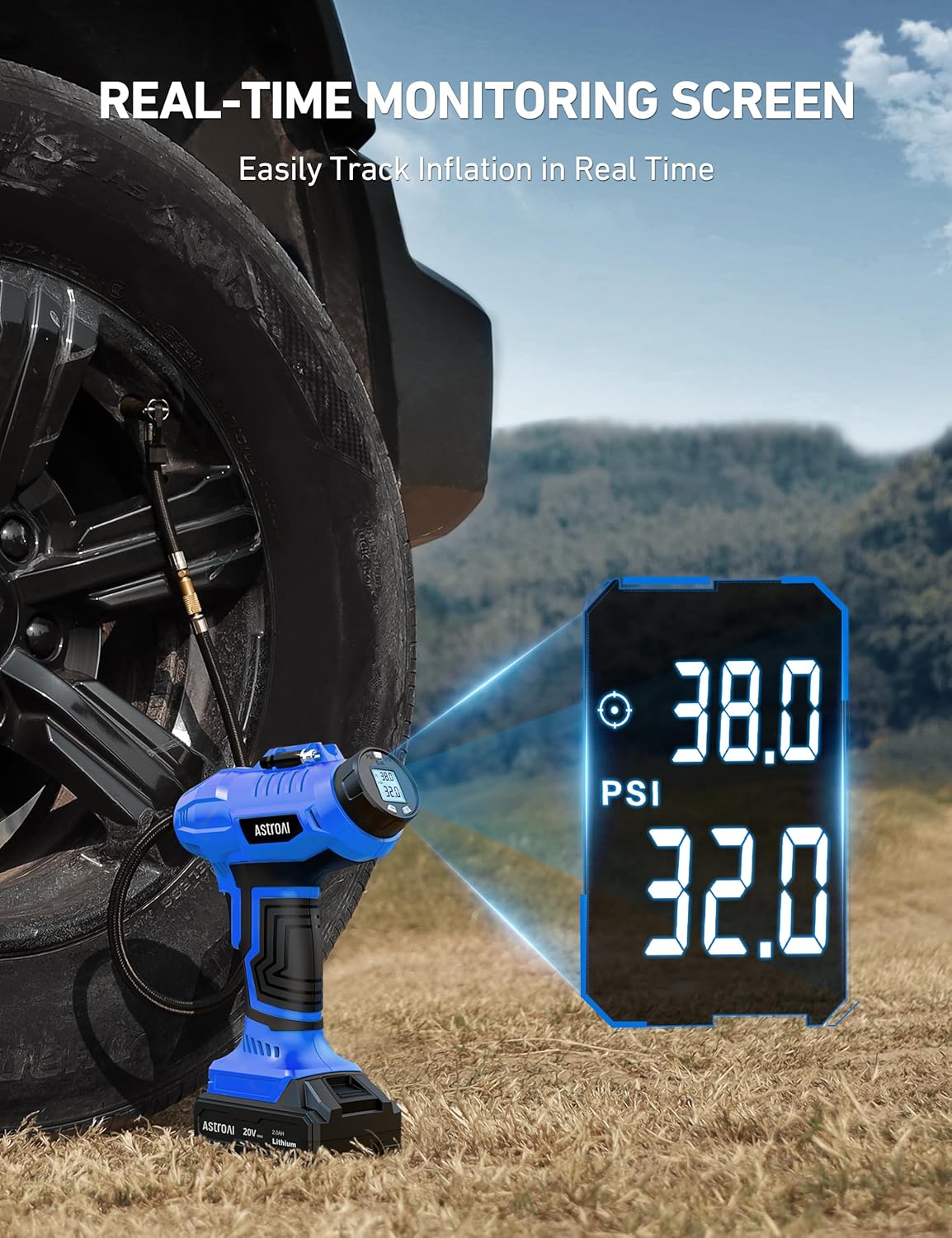 AstroAI C2 Cordless Tire Inflator Air Compressor 20V Rechargeable Battery Powered 160PSI Portable Handheld Air Pump with 12V Car Power Adapter Digital Pressure Gauge for Cars Motorcycles Blue