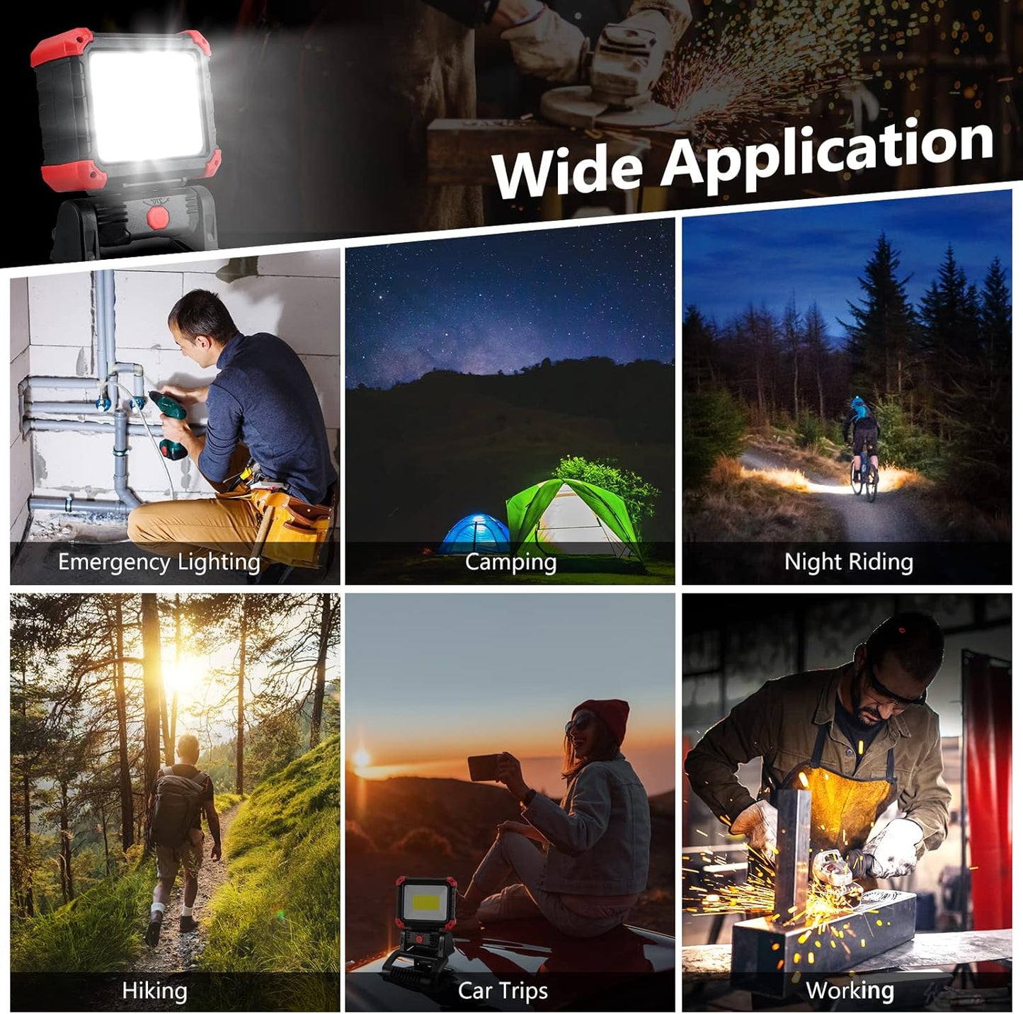 LED Rechargeable Work Light with Clamp, 2Pack 2100LM COB Magnetic Work Light with 3 Light Modes, 270° & 180° Rotation, Waterproof, Perfect for BBQ, Jobsite, Workshop, Car Repairing