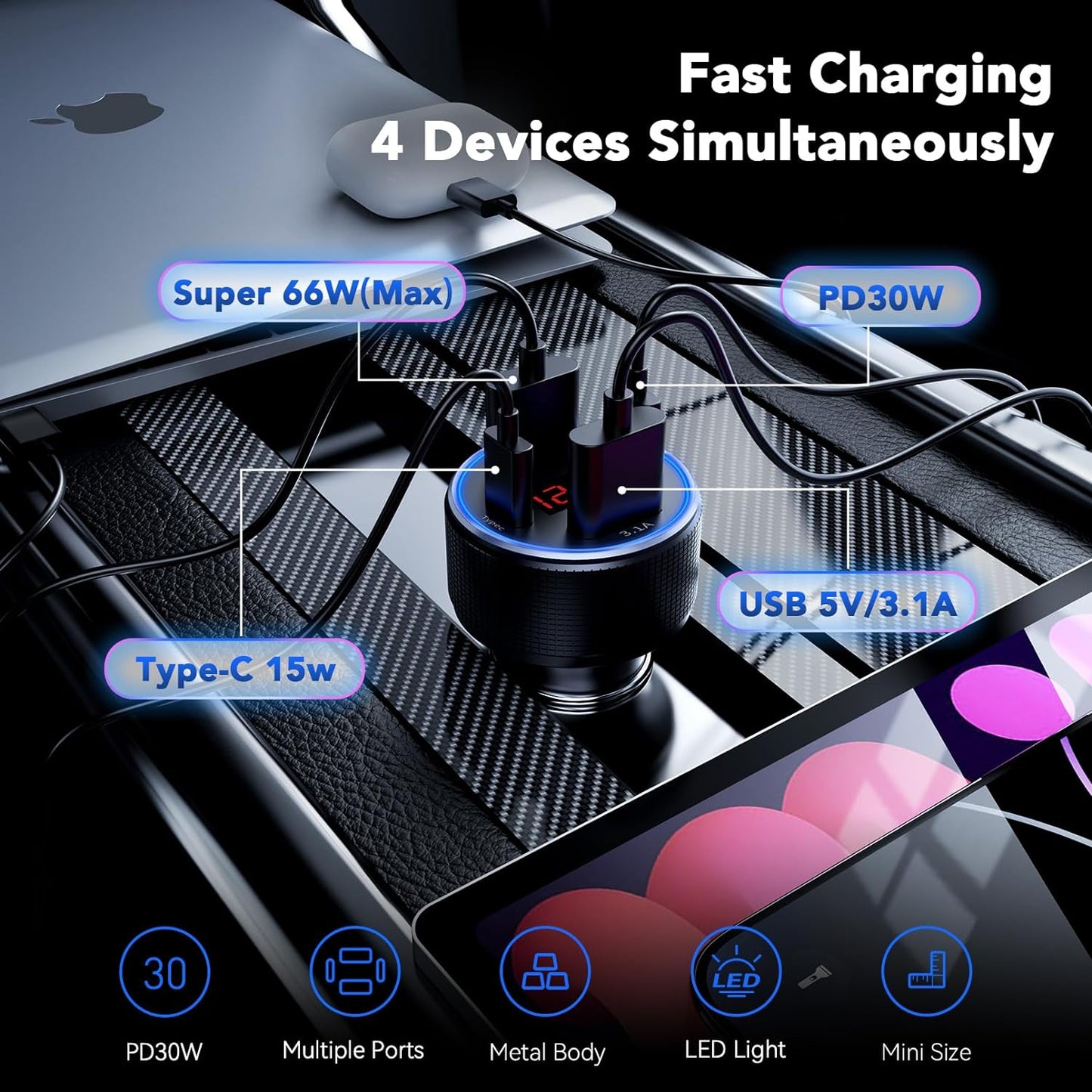 iPhone 16/15 Car Charger Adapter, 78W 4 Port USB C Car Charger with Voltmeter Fast Charging for iPhone 16 Pro/15/14/13, Samsung Galaxy, iPad