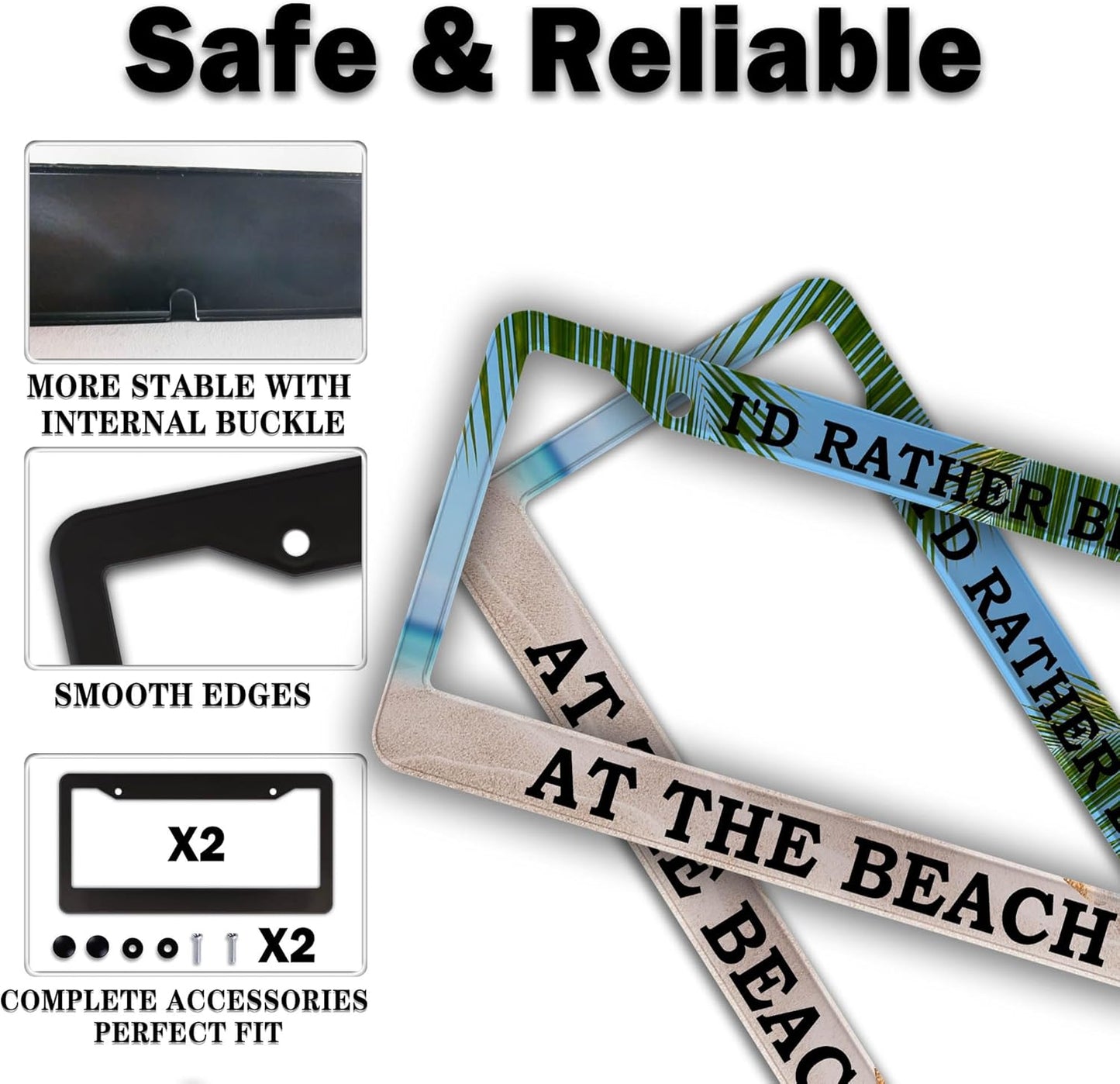 License Plate Frames Multicolor Car License Plate Frame I'd Rather Be at The Beach Universal Aluminum Car Accessory 2 Pack with Screw Covers Set