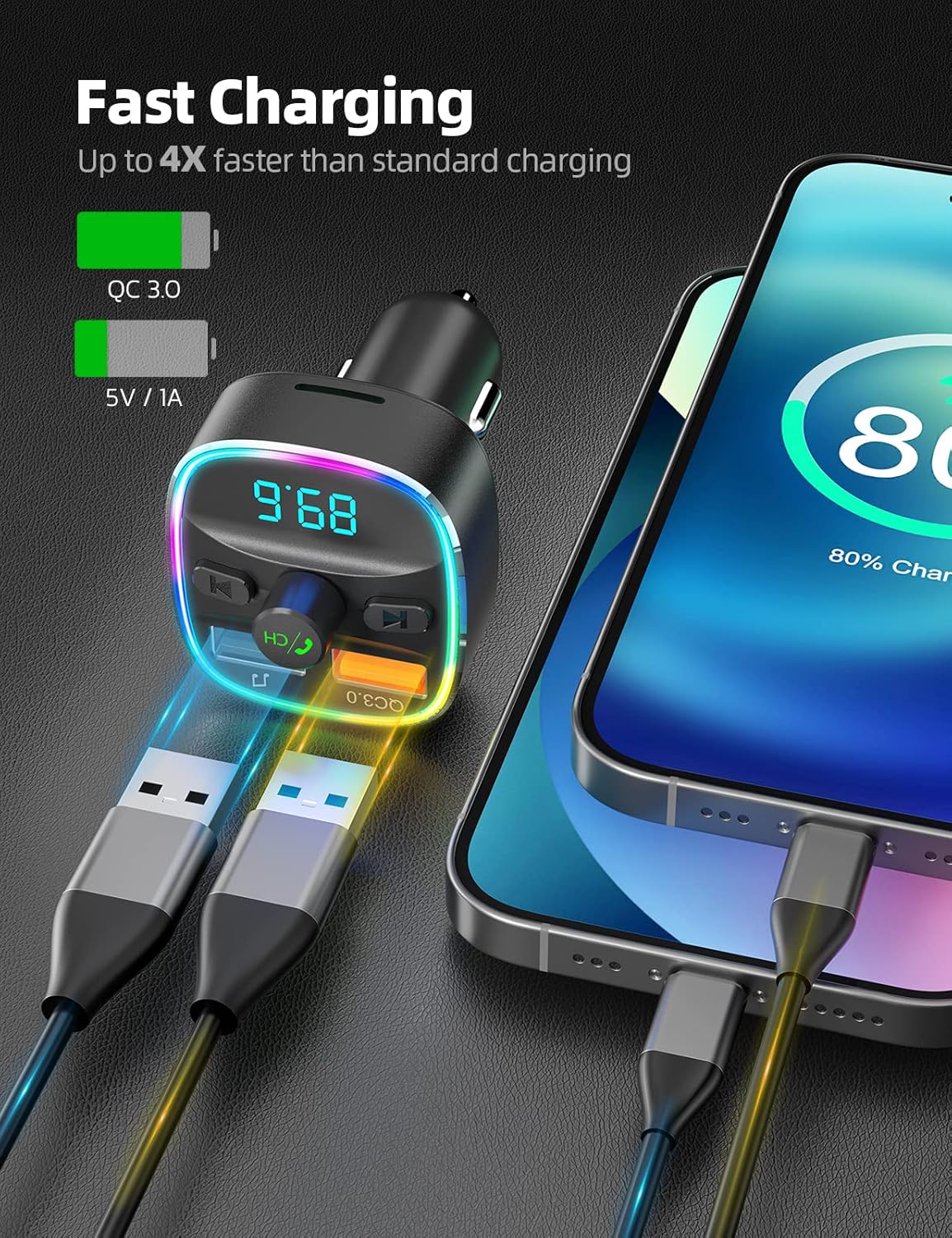 Nulaxy Bluetooth FM Transmitter, Bluetooth Car Adapter with Dual USB Charger Wireless Radio Car Kit MP3 Player Support TF Card & USB Disk, Hands-Free Calling, 7 Colors Led Backlit Light, Black