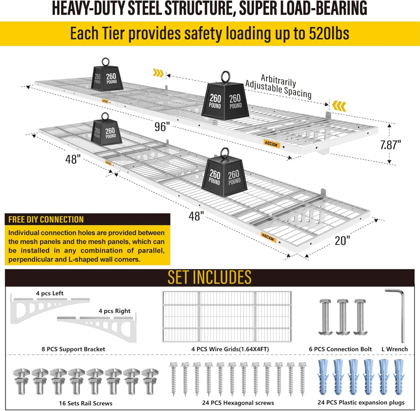 1.64x4ft 4Pack Wire Shelving Unit Heavy Duty Garage Storage Shelves Wall Mounted White 1120lbs Load Capacity（20-inch-by-48-inch）