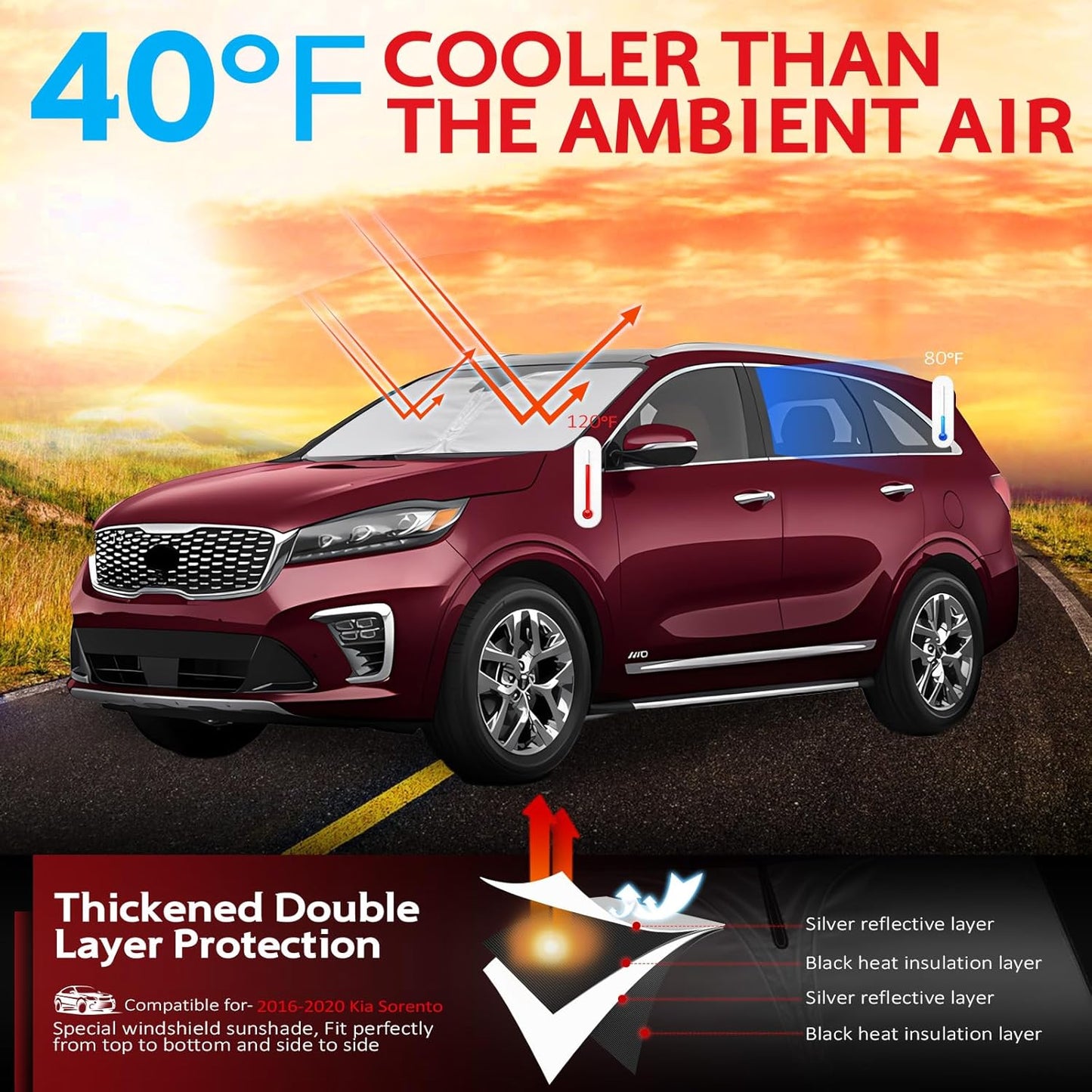 KAYZT Windshield Sun Shade for 2016-2020 Kia Sorento Foldable Sunshade Front Window Custom Fit Car Accessories