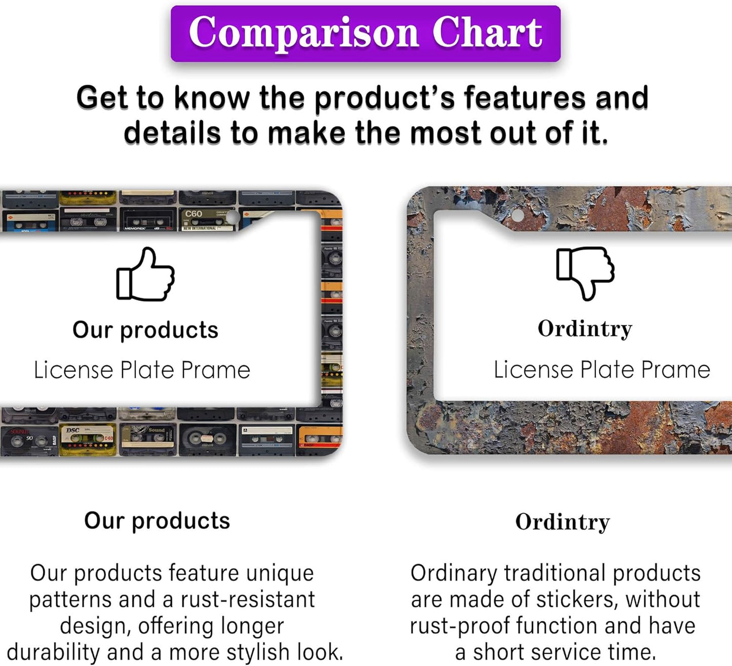 License Plate Protector Multicolor License Plate Frames Vintage Cassette Music Tape Aluminum Metal Car Accessory 2 Pack with Screw Covers Set