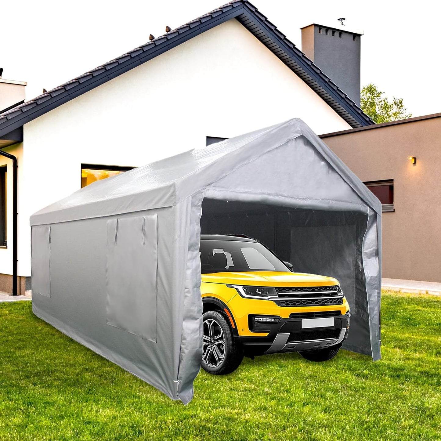Auraway Carport 12'x20' All-Season Portable Garage Carport, Heavy-Duty Canopywith Roll-Up Vent Windows, Front and Rear Zip Doors, Sandbags, for Cars, Motorcycles and Outdoor Storage (Grey)