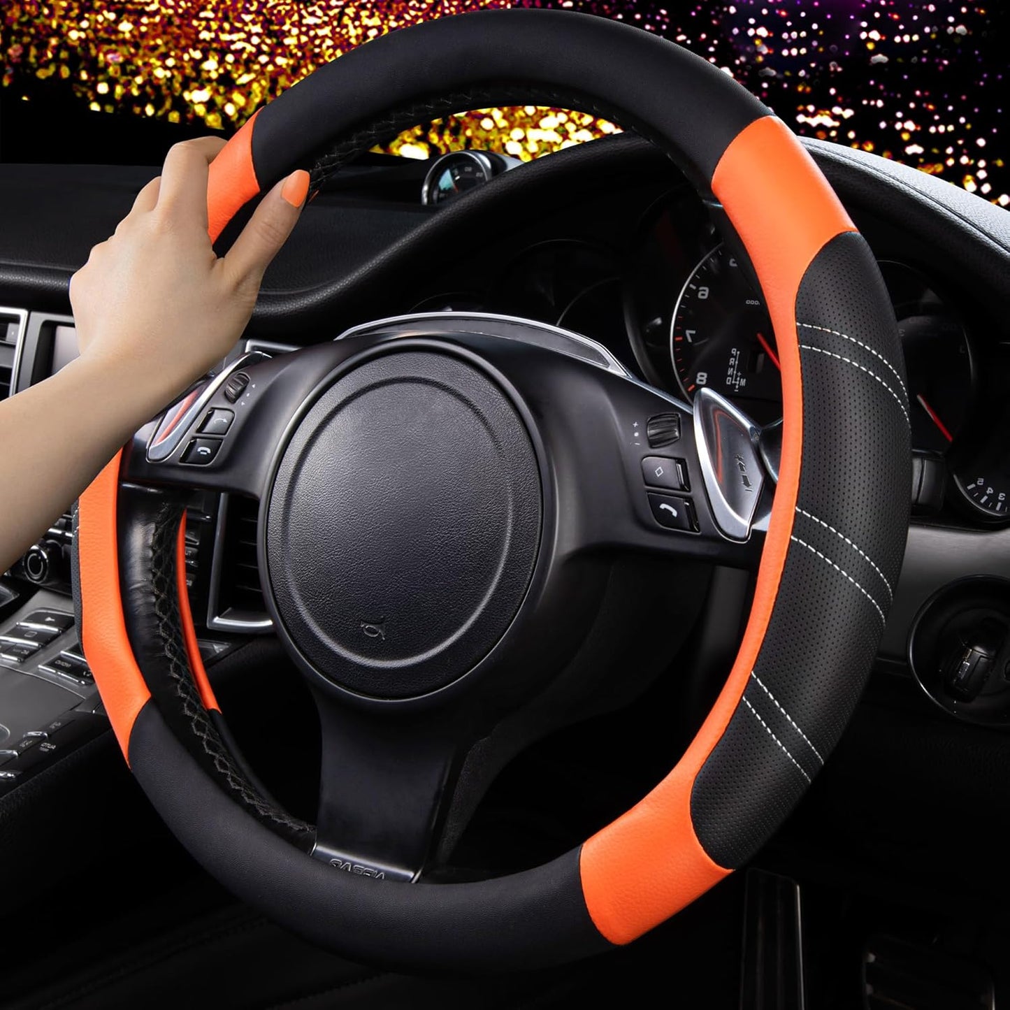 CAR PASS Line Rider Microfiber Leather Sporty Steering Wheel Cover Universal Fits for 95% Truck,SUV,Cars,14.5-15inch Anti-Slip Safety Comfortable Desgin (Black-Orange)