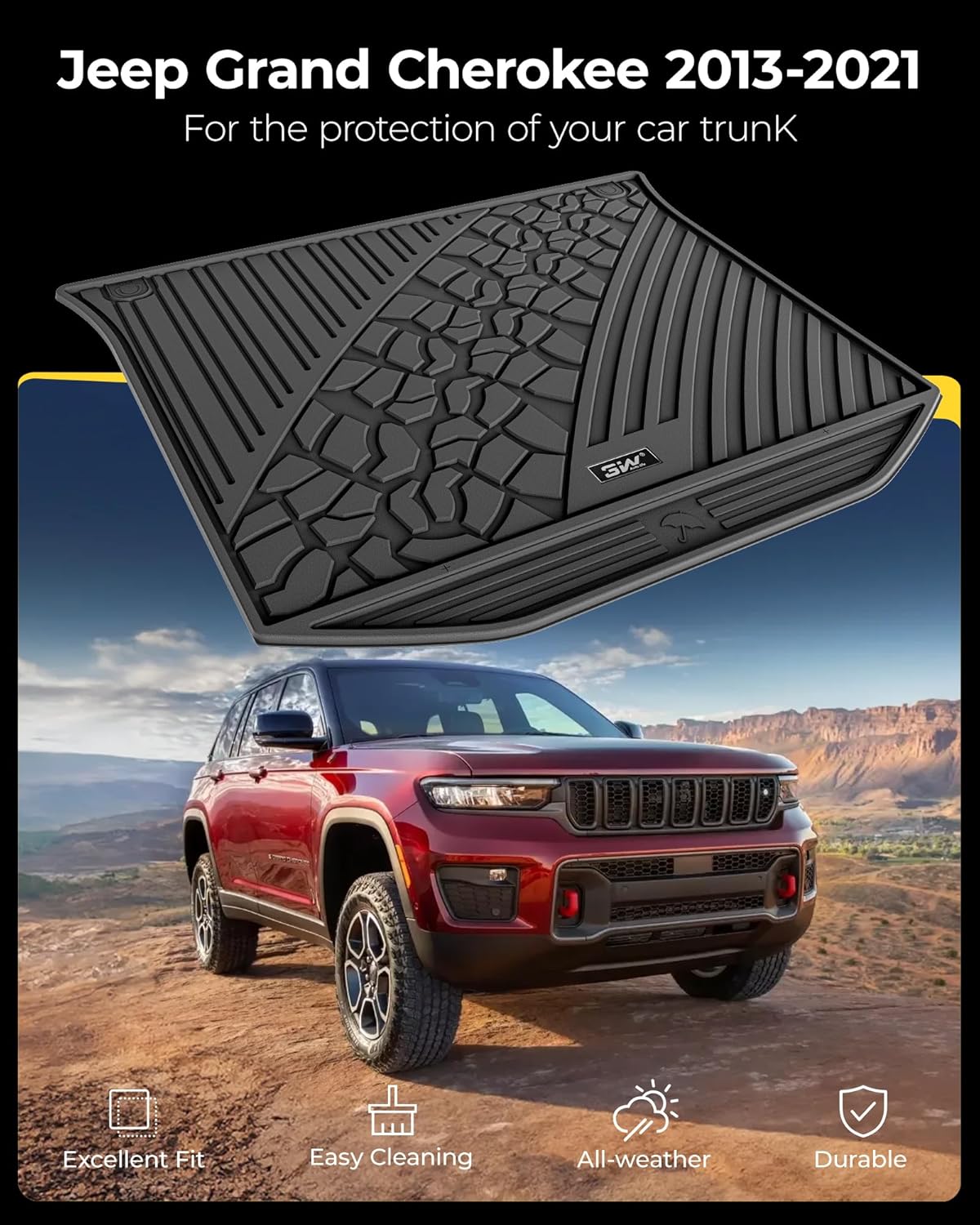 3W Cargo Liner Fit for Jeep Grand Cherokee 2013-2021/ Grand Cherokee WK 2022 2023(Non L) TPE All Weather Custom Fit Heavy Duty Trunk Mat, Black