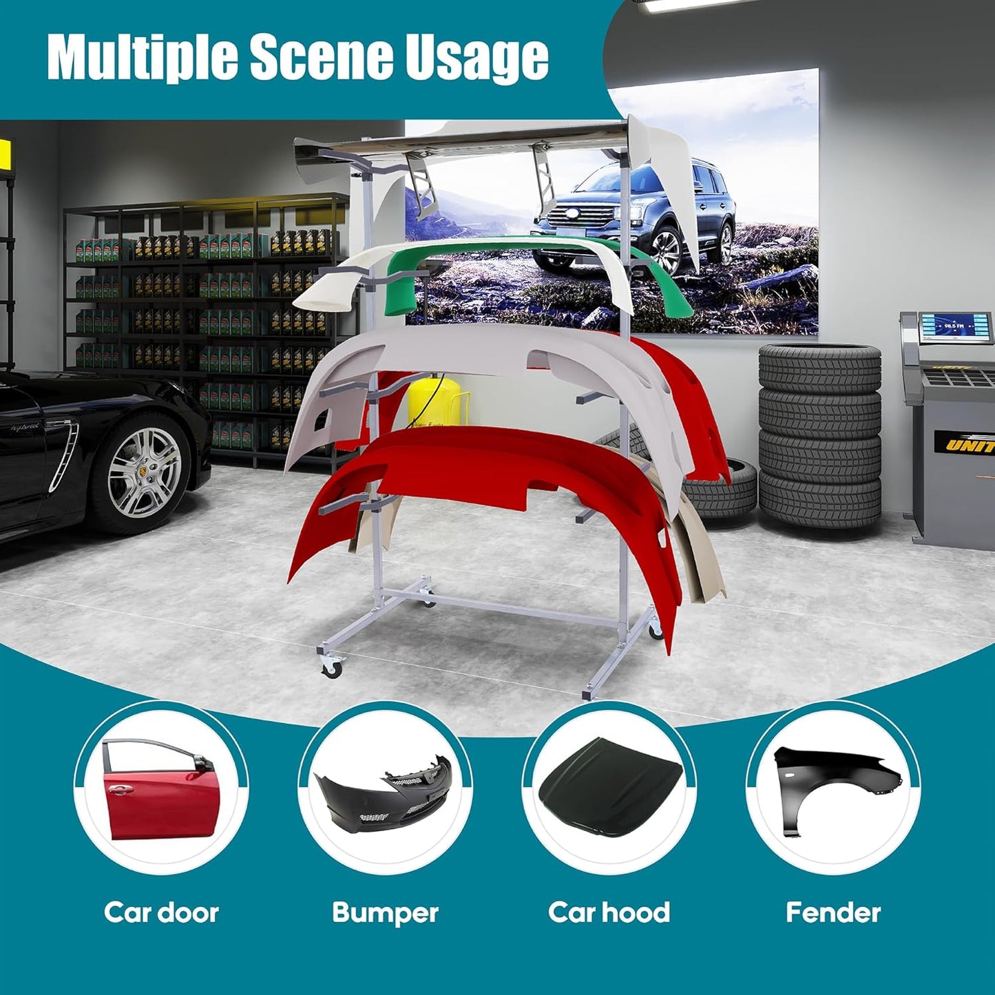 Floor Mobile Bumper Storage Rack,Heavy Duty Double Sided Bumper Storage Rack for Automobile Parts - Maximize Efficiency Universal Auto Body Rolling Parts Storage Stand for Repair Shops Garages