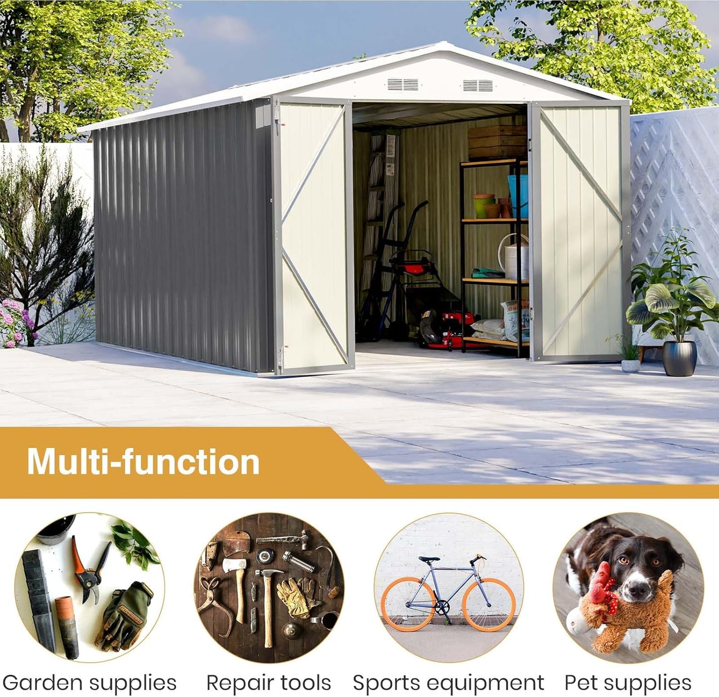 Patiowell 12 x 8 FT Outdoor Storage Shed, Steel Shed Storage House with Design of Lockable Doors, Utility and Tool Storage for Garden, Patio, Backyard, Outside use, Gray