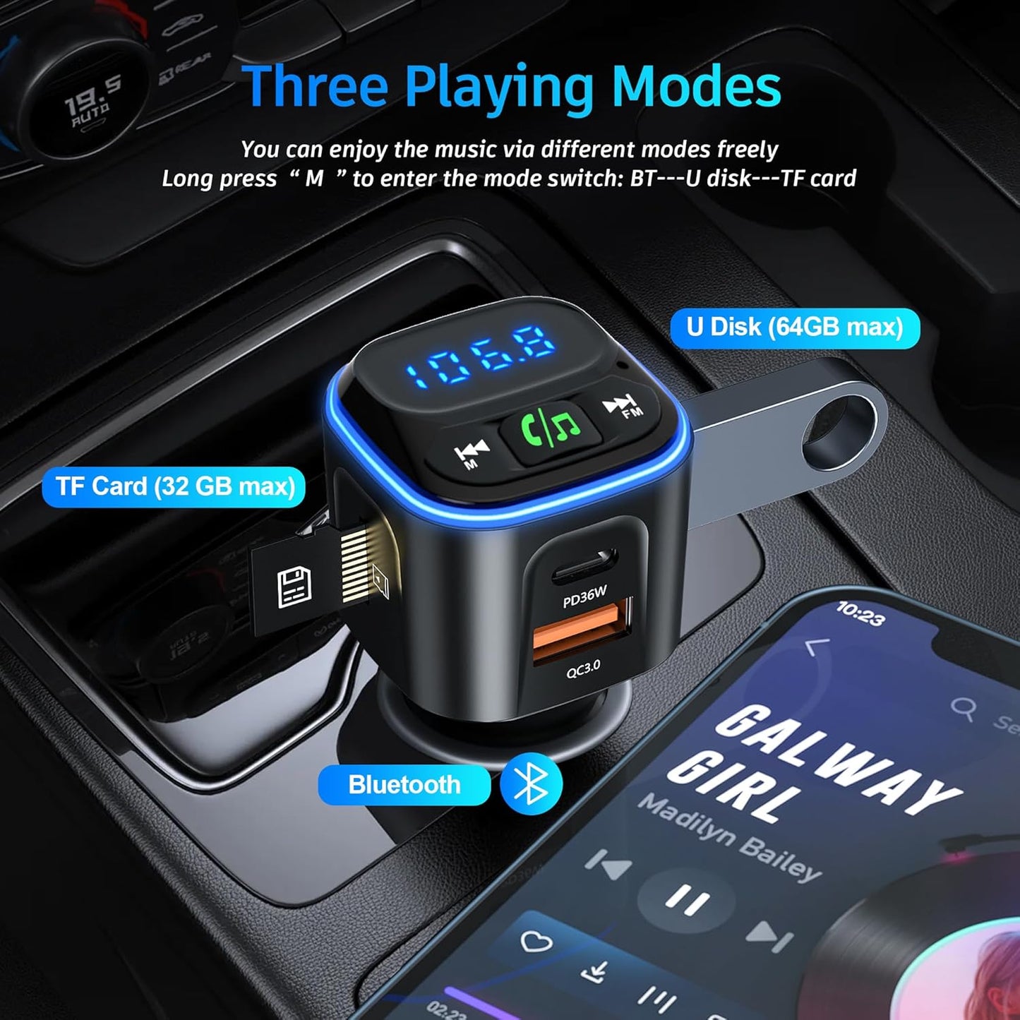 Bluetooth 5.3 FM Transmitter Car Adapter [PD36W & QC18W] [Fast Charging] Wireless Radio Adapter HiFi Bass Sound Hands-Free Calling LED Display with Light Switch Support Bluetooth/U Disk/TF Card