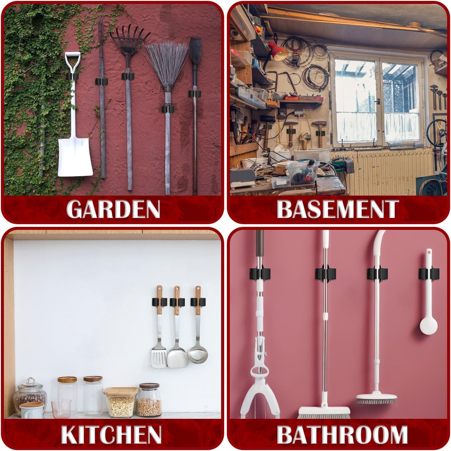 3-H Broom Holder Wall Mount 8 Pack, Mop and Broom Holder for Garage Garden Shed Storage System Laundry Room Home Kitchen Organization (Black)