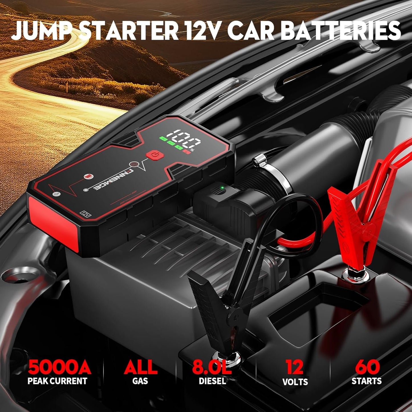 Car Jump Starter, 5000A Peak 23800mAh 12V Jump Starter Battery Pack(Up to All Gas, 8.0L Diesel Engine),with USB Charge Output Port,LED Light,HD Large Screen.