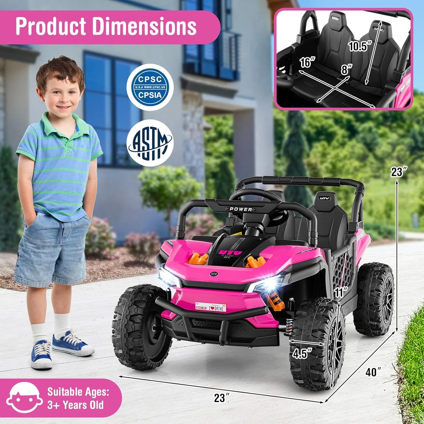 Costzon Kids UTV, 12V Battery Powered Electric Off-Road Car w/Remote Control, Sounds, Wireless Connection, 3 Speeds & 4-Wheel Suspension, Kids Ride on Truck, Gift for Boys & Girls 3+ Years Old (Pink)