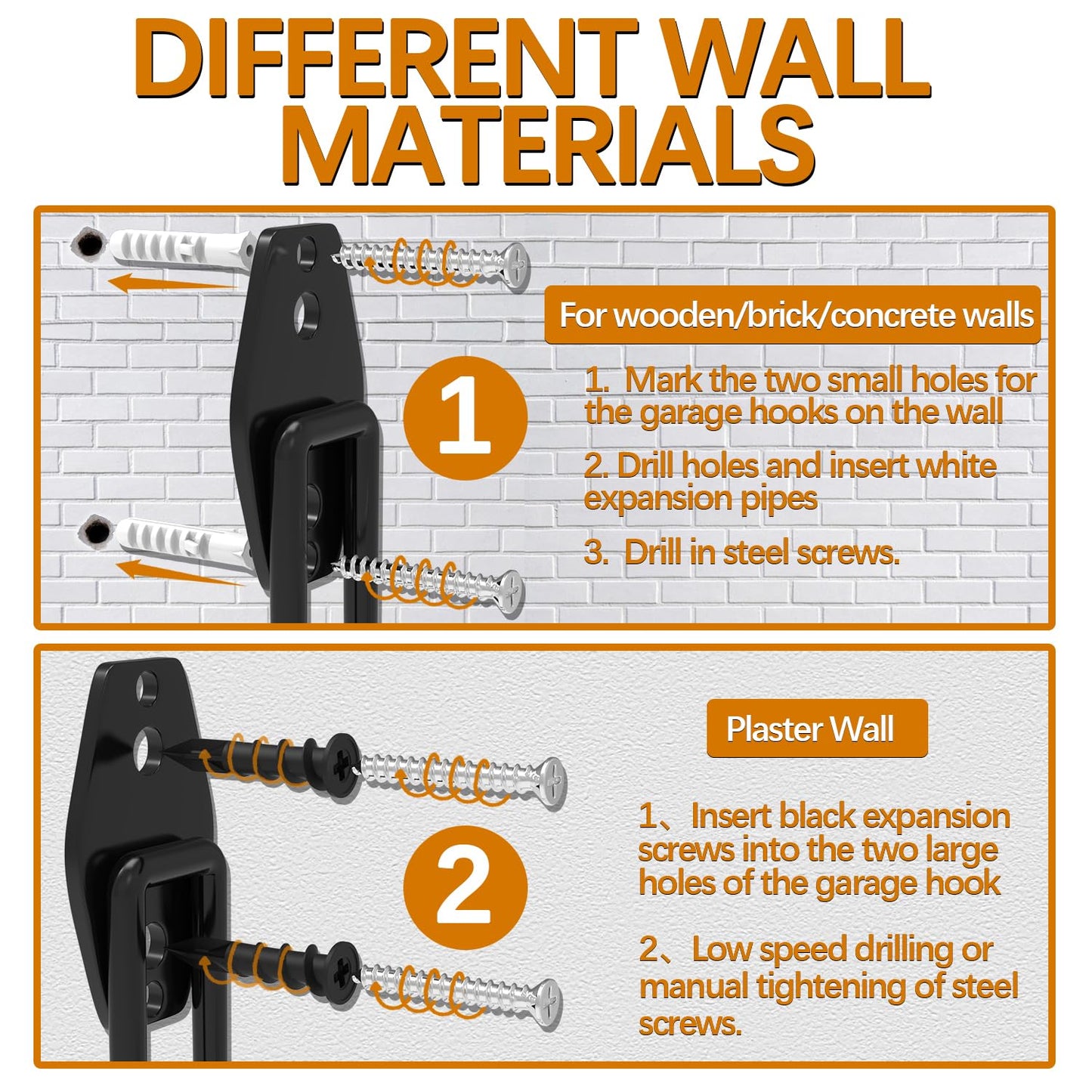 3-H Garage Wall Hooks 14 Pack, Garage Hooks Heavy Duty with Extra Welding Spots, Wall Mount Storage Organizer for Hanging Garden Lawn Tools Ladder Bike WeedEater Chair Shovel Blower (Orange)