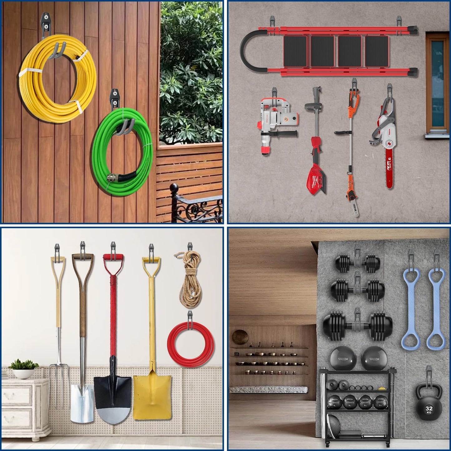 3-H Garden Hose Holder Wall Mount 4 Pack,Solid Steel Hose Hanger,Water Hose Holders for Outside,Perfect for Hanging Outdoor Air Hose,Ropes,Pipes,Garden Tools,Ladders,Bikes,Bulk Items(Gray)