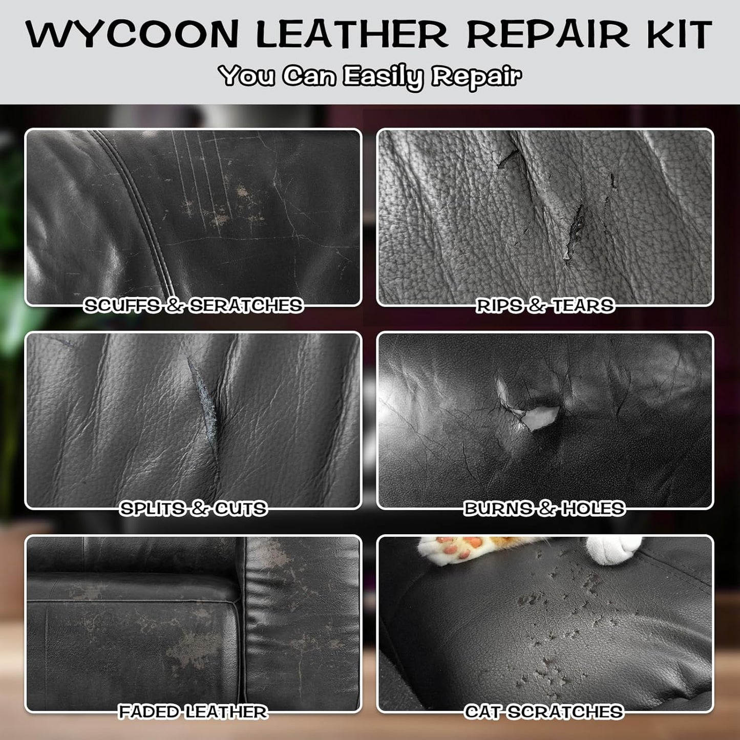 Black Leather & Vinyl Repair Kit, Fix Fading, Tears, Scratches, and Peeling on Leather and Vinyl Furniture, Car Seats, and Jackets, Easy Instruction with Color Mixing Guide
