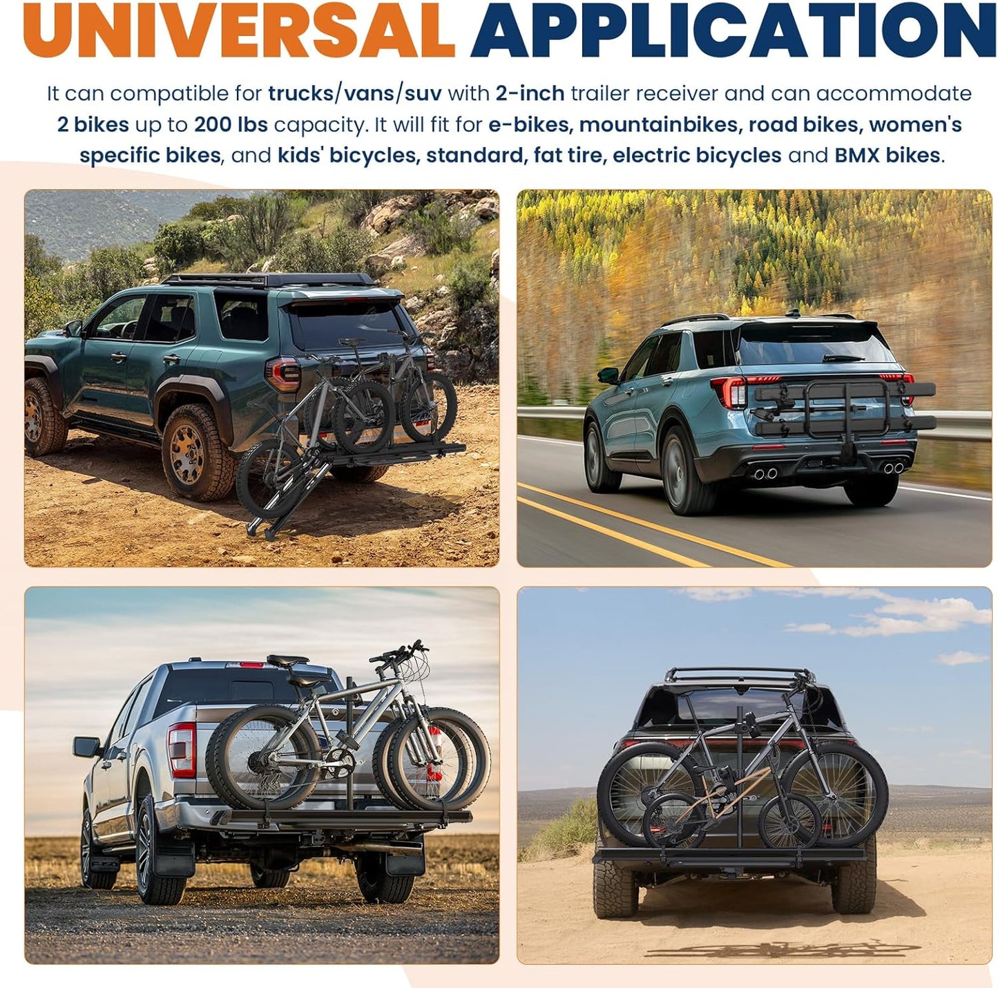 Aluminum 2 EBikes Foldable 2'' Hitch Mounted Carrier Racks w/Ramps Over 200lbs Capacity for 3.35 inch Fat Tire Heavy Duty Universal E-Bike Racks for SUVs Cars Trucks RV 2-Inch Receiver