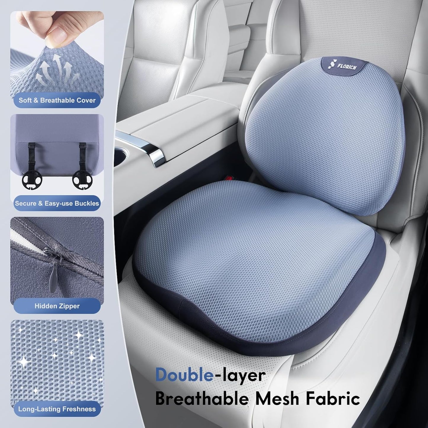 FLORICH Seat Cushion and Lumbar Support Pillow for Office Chair Car, Ergonomic Memory Foam Back Support for Office Gaming Chair Driving Seat Wheelchair, Relieves Neck, Back & Sciatica Pain – Blue